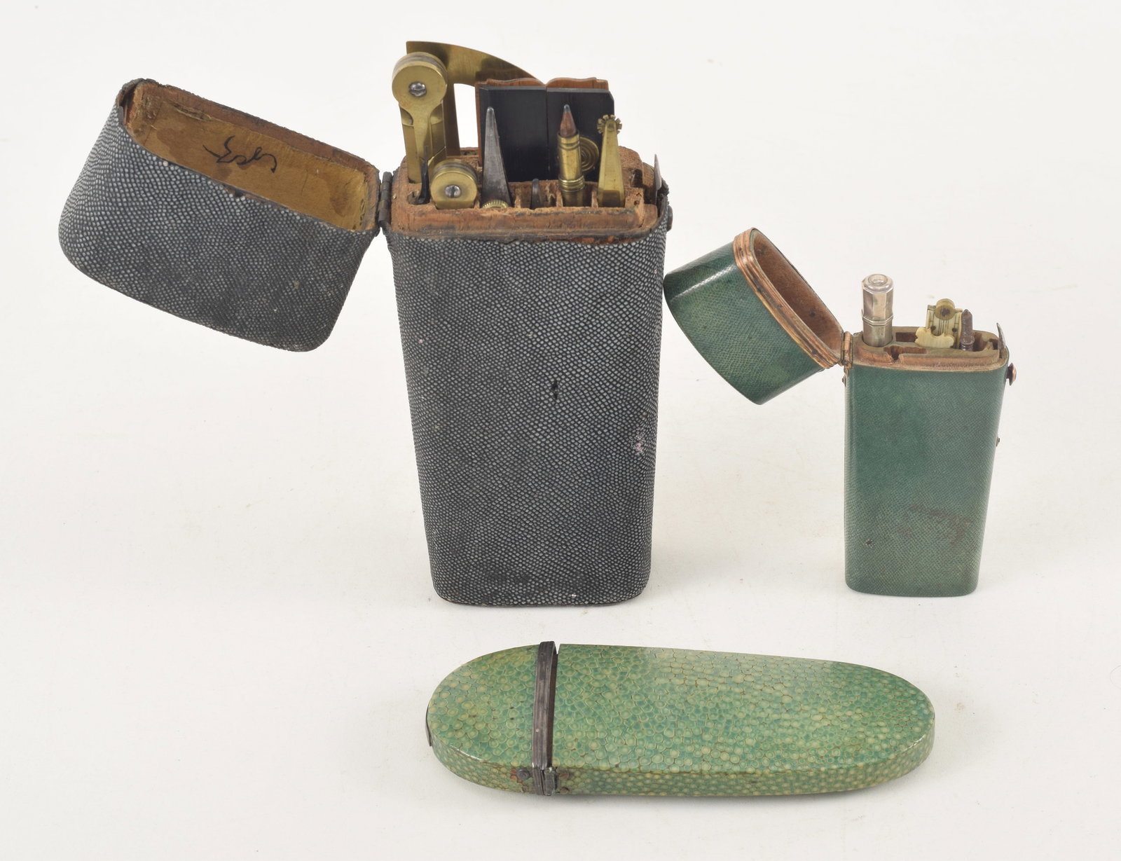 3 19th Century Shagreen cases including black case finely fitted with various drafting tools, a (1 of 7)