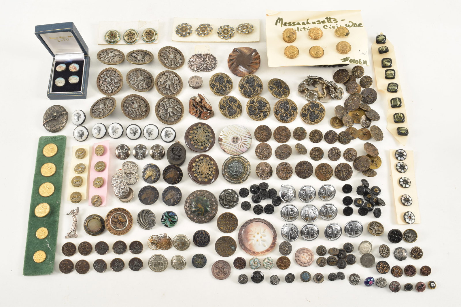 A collection of 19th Century buttons, including miniature painted Taj Mahal, Massachusetts Civil: A collection of 19th Century buttons, including miniature painted Taj Mahal, Massachusetts Civil War, Hunting, Riding, bird embossed, silver, stag, classical ceramic, cloisonne, etc.