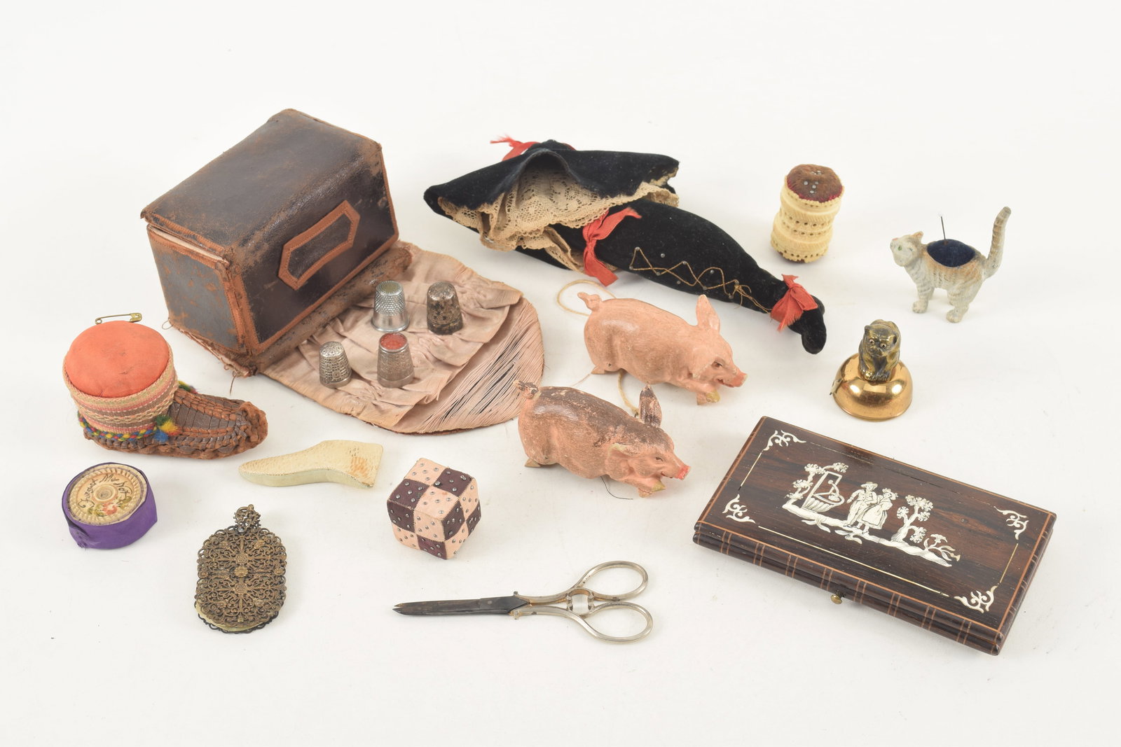 Lot of antique sewing items including a rosewood and inlaid cased set, Shaker sewing kit, pig form (1 of 13)