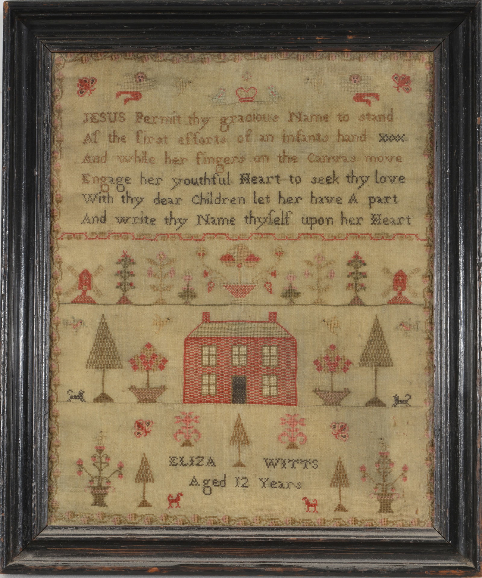Early 19th Century sampler by Eliza Witts age 12 with religious motto and house in landscape with (1 of 6)