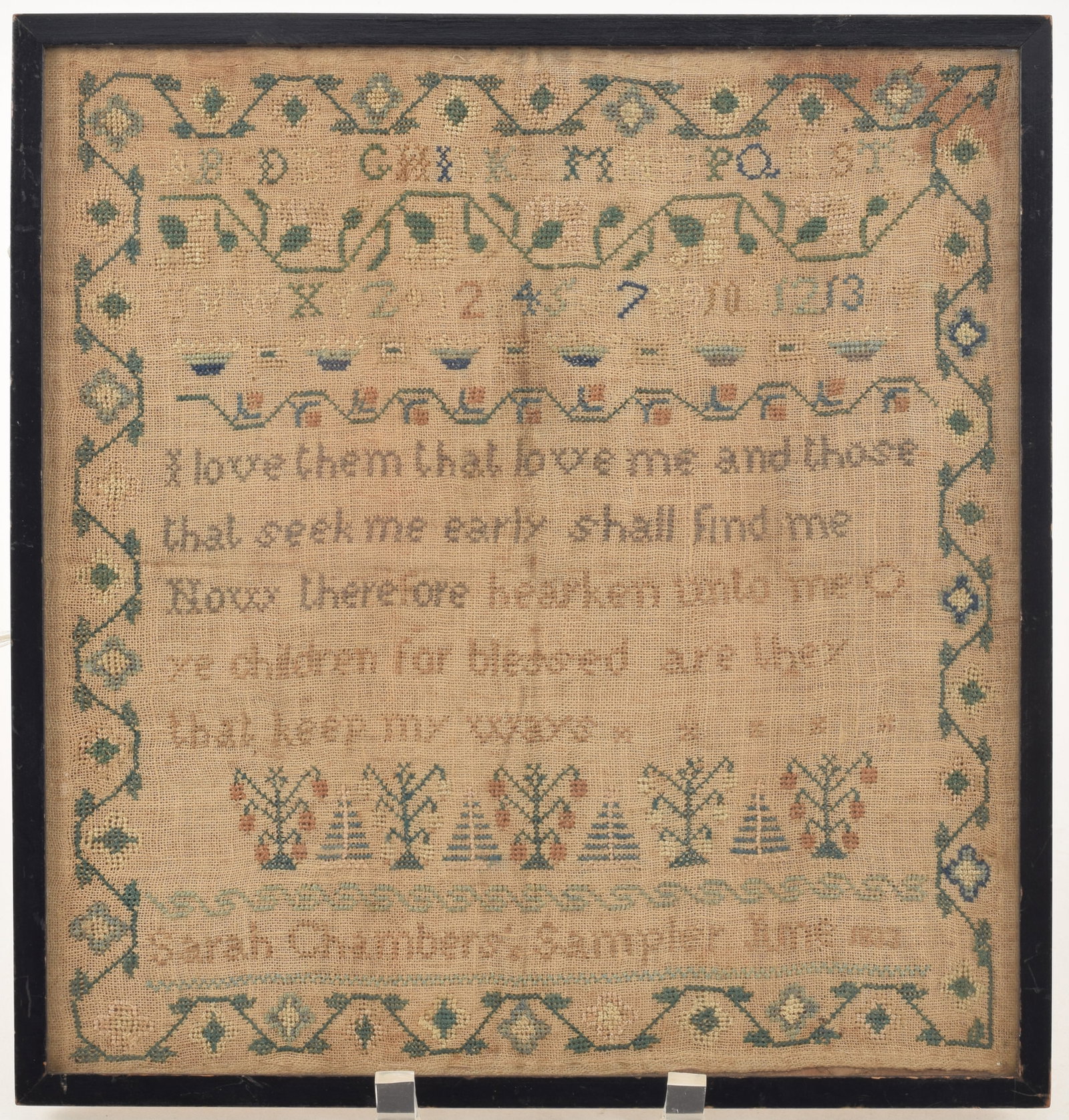 Framed needlework sampler with religious passage by Sarah Chambers, 1833. 12 1/2 x 12 in. (1 of 4)