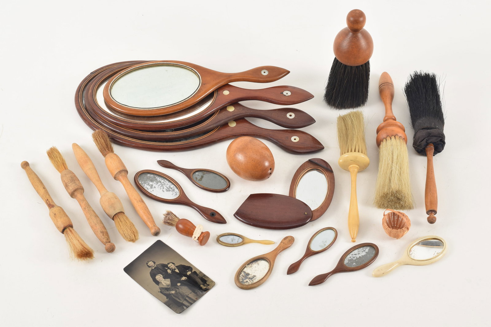 Collection of Shaker made items including 11 assorted hand mirror with a folding courting mirror and (1 of 7)