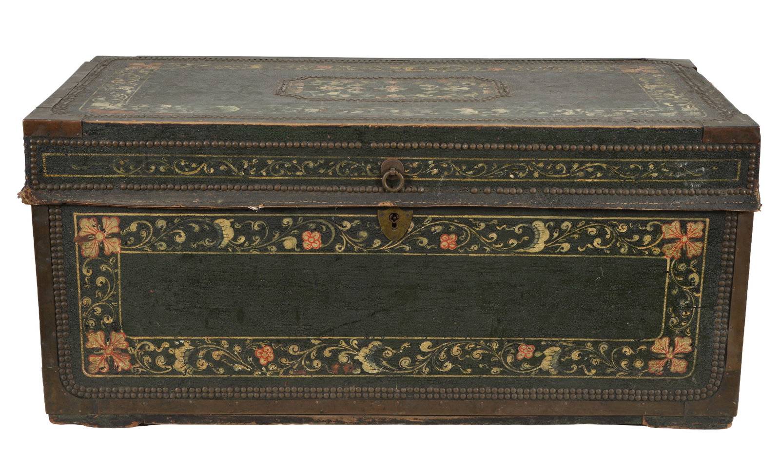 Painted leather and brass bound camphorwood trunk, 19th Century. Height 17 in, width 35 in, depth 18: Painted leather and brass bound camphorwood trunk, 19th Century. Height 17 in, width 35 in, depth 18 in