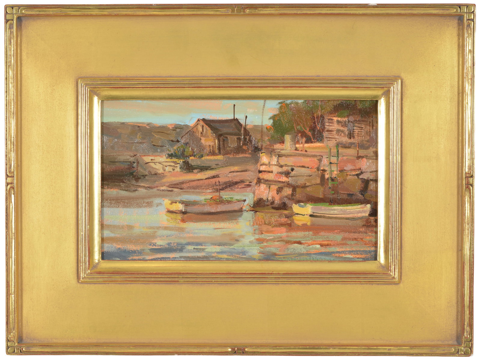 Bernard Corey. Massachusetts. Coastal harbor scene with dories and boat shack. Oil on board.: Bernard Corey. Massachusetts. Coastal harbor scene with dories and boat shack. Oil on board. Artist's estate label on reverse. Framed in a modern gilt Arts & Crafts frame. Image: 6 1/8 x 10in. Overall