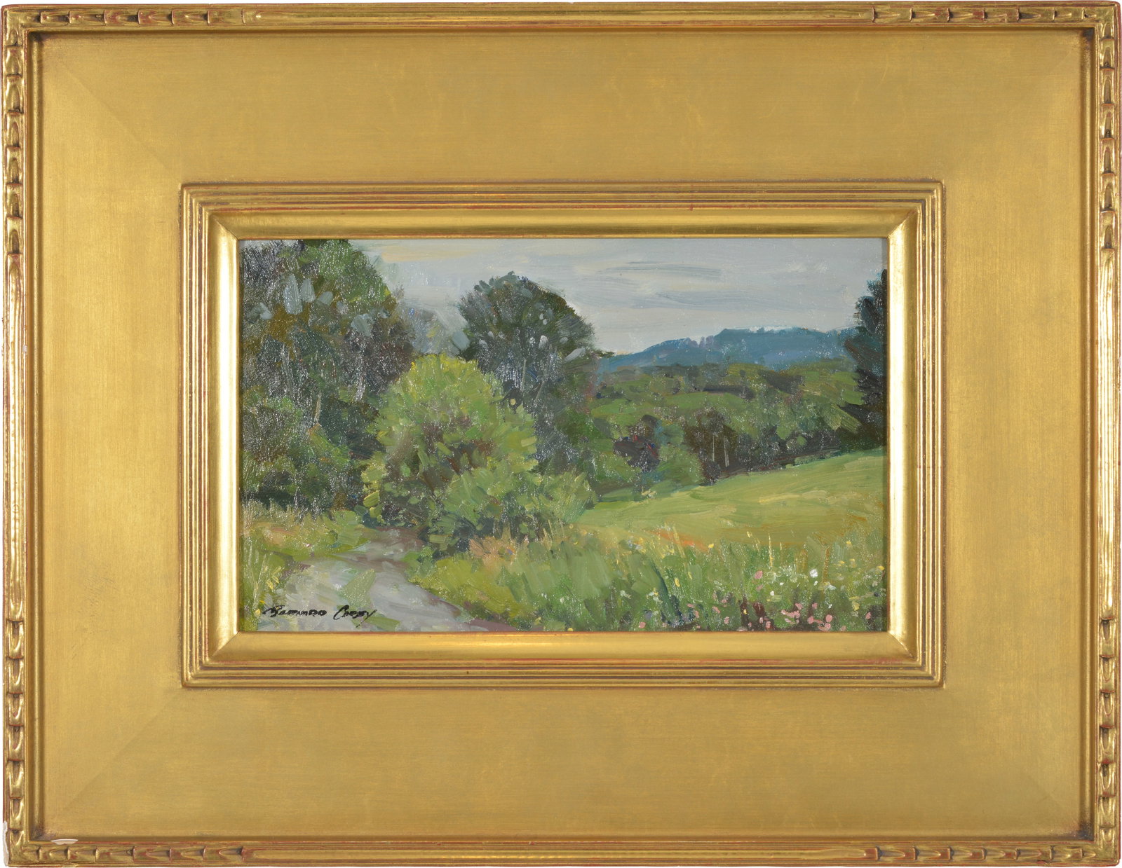 Bernard Corey. Massachusetts. Summer landscape with trees and wildflowers. Oil on board. Signed: Bernard Corey. Massachusetts. Summer landscape with trees and wildflowers. Oil on board. Signed lower left. Artist's Estate stamp and labels on reverse. Framed in a modern gilt Arts & Crafts frame. Im