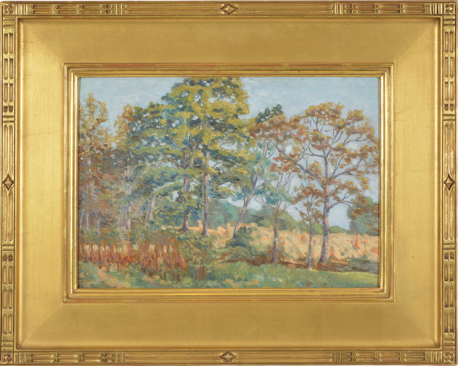 Rudolph Voeckler. American. "Autumn Wind". Impressionist landscape painting of trees bordering a: Rudolph Voeckler. American. "Autumn Wind". Impressionist landscape painting of trees bordering a field in early fall. Oil on canvas board. Label on reverse with artist name and title. Framed in a mode