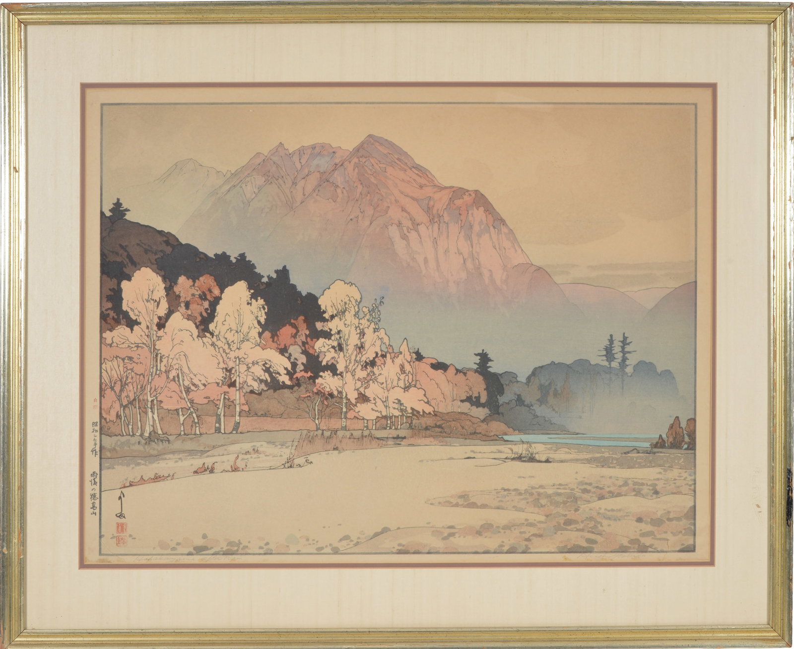 Hiroshi Yoshida. "Hodakayama After Rain". Large Japanese Shin-hanga color woodblock print. Signed: Hiroshi Yoshida. "Hodakayama After Rain". Large Japanese Shin-hanga color woodblock print. Signed and titled lower left and right. Small tear in sheet in both lower right and left corners. Toning. Fra
