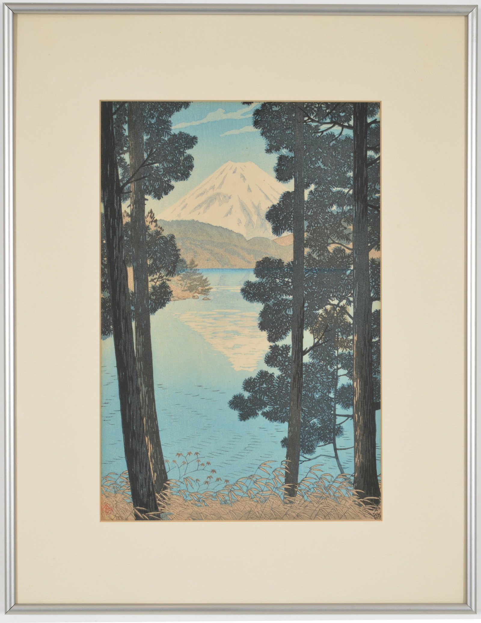 Kasamatsu Shiro. 1935. "Mount Fuji from Lake Ashinoko". Japanese color woodblock print. Framed under: Kasamatsu Shiro. 1935. "Mount Fuji from Lake Ashinoko". Japanese color woodblock print. Framed under glass. Label on reverse. Sight: 14 x 9.25in. Overall: 20.5 x 15.5in.