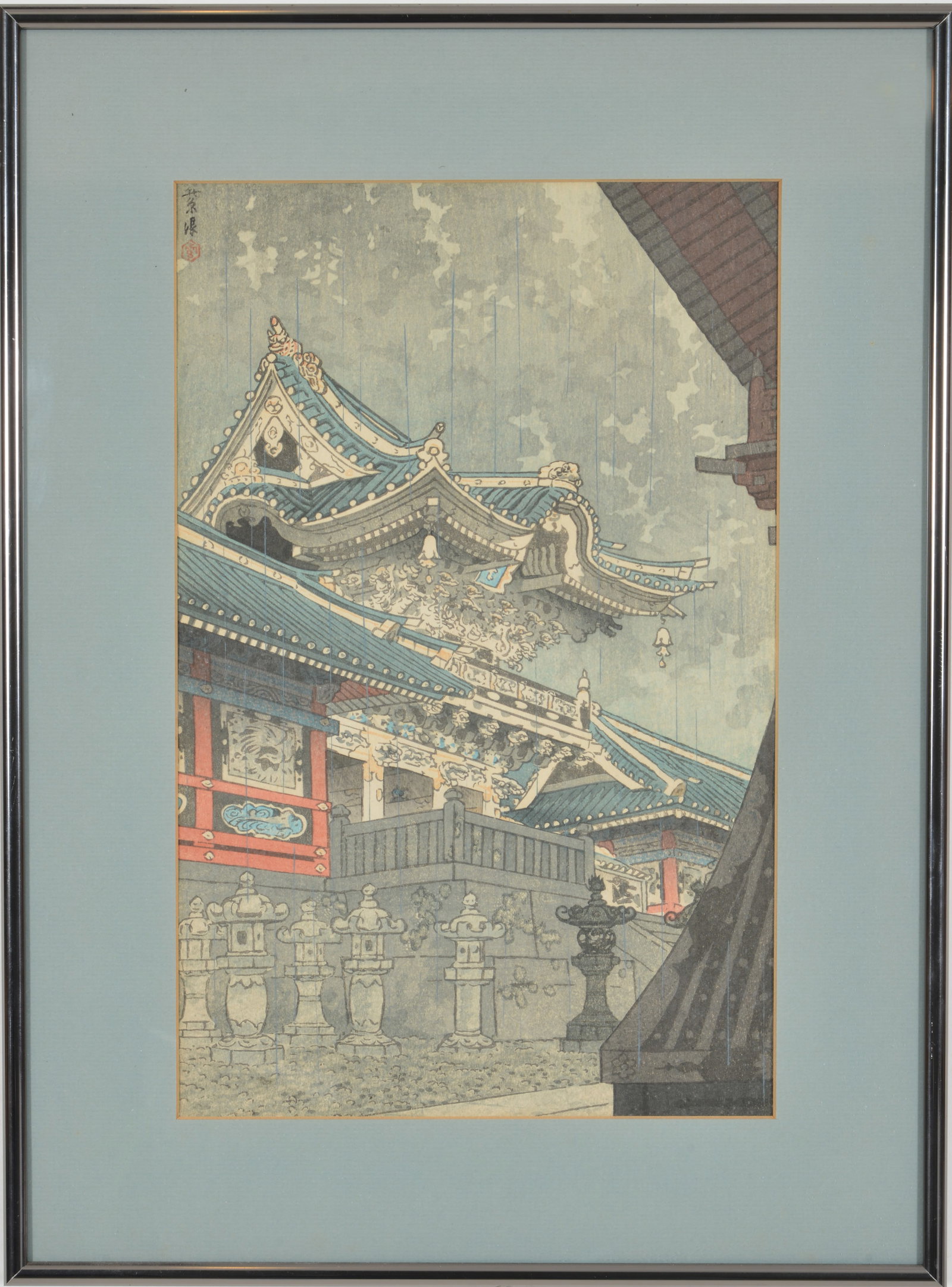 Kasamatsu Shiro. "Yomei Gate in Rain". Japanese woodblock print. Framed under glass. Sight: 14 x: Kasamatsu Shiro. "Yomei Gate in Rain". Japanese woodblock print. Framed under glass. Sight: 14 x 9in. Overall: 19 x 14in.