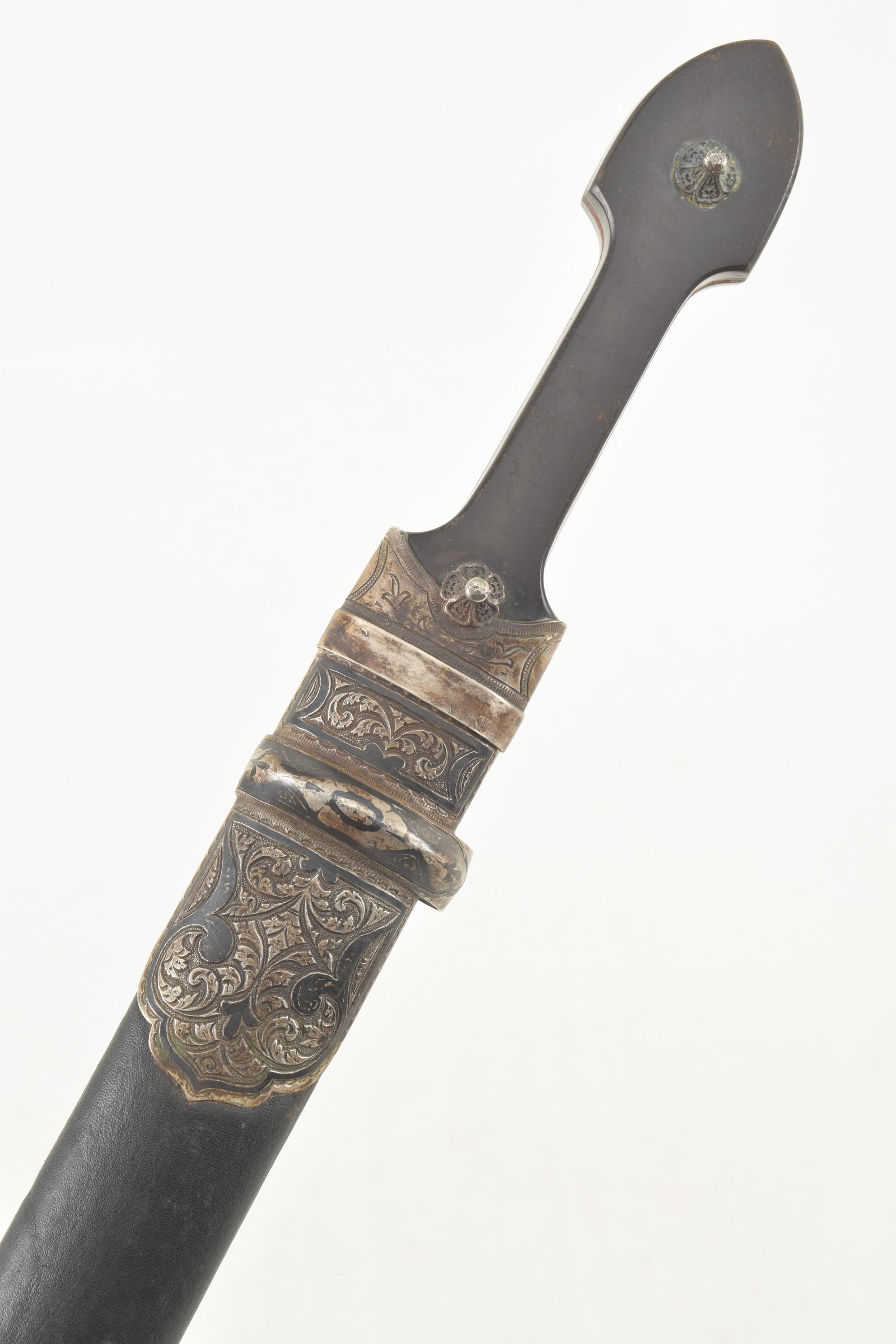 Imperial Russian, Caucasian Damascus Dagger with Silver-Mounted Leather Scabbard, Late 19th Century. (1 of 9)