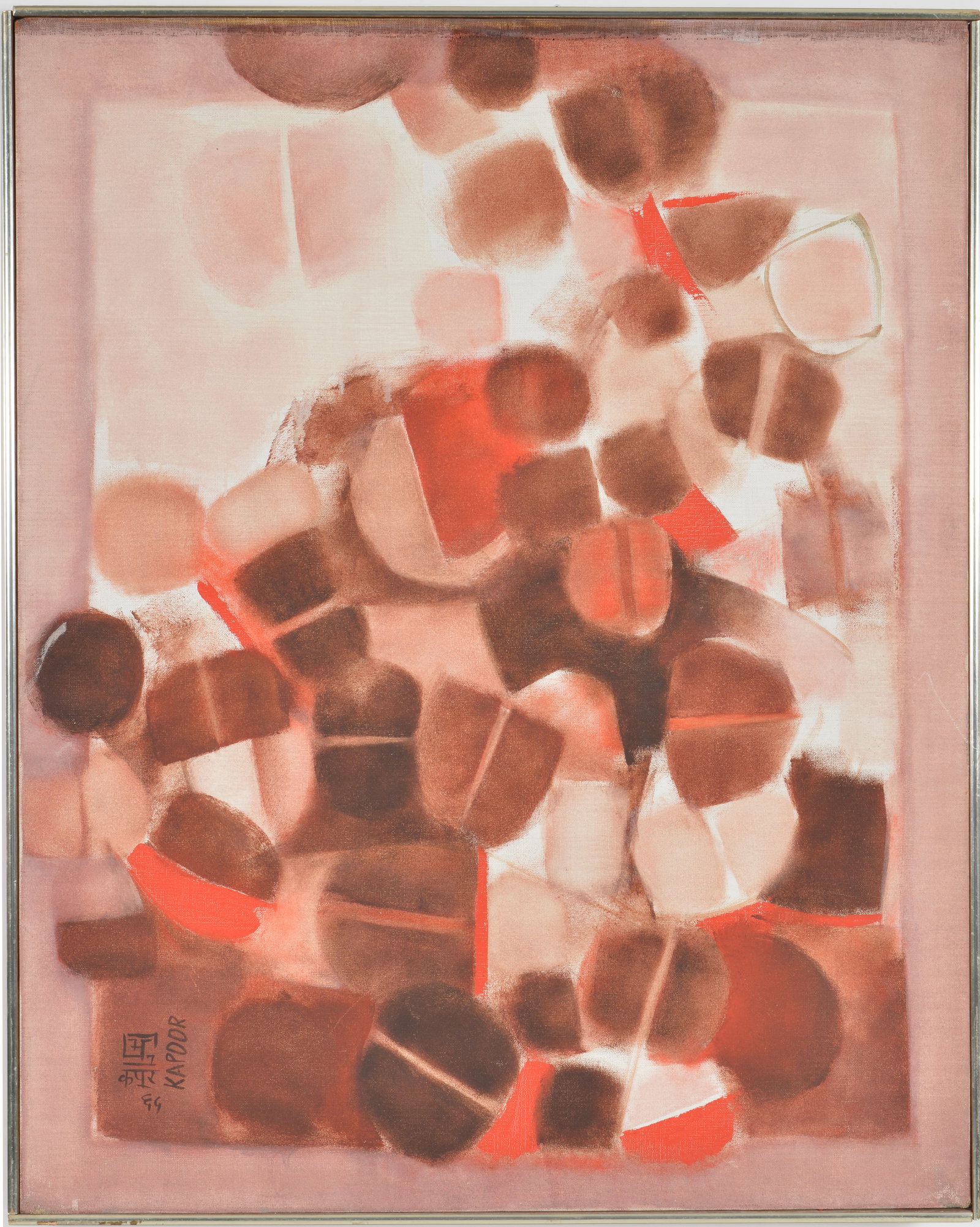 Bhagwan Kapoor. India. "Emerging Forms - Pink". Vintage abstract composition of bisected spheres and: Bhagwan Kapoor. India. "Emerging Forms - Pink". Vintage abstract composition of bisected spheres and other shapes in pink, red, white and brown tones. Oil on canvas. Signed lower left. Signed and titl