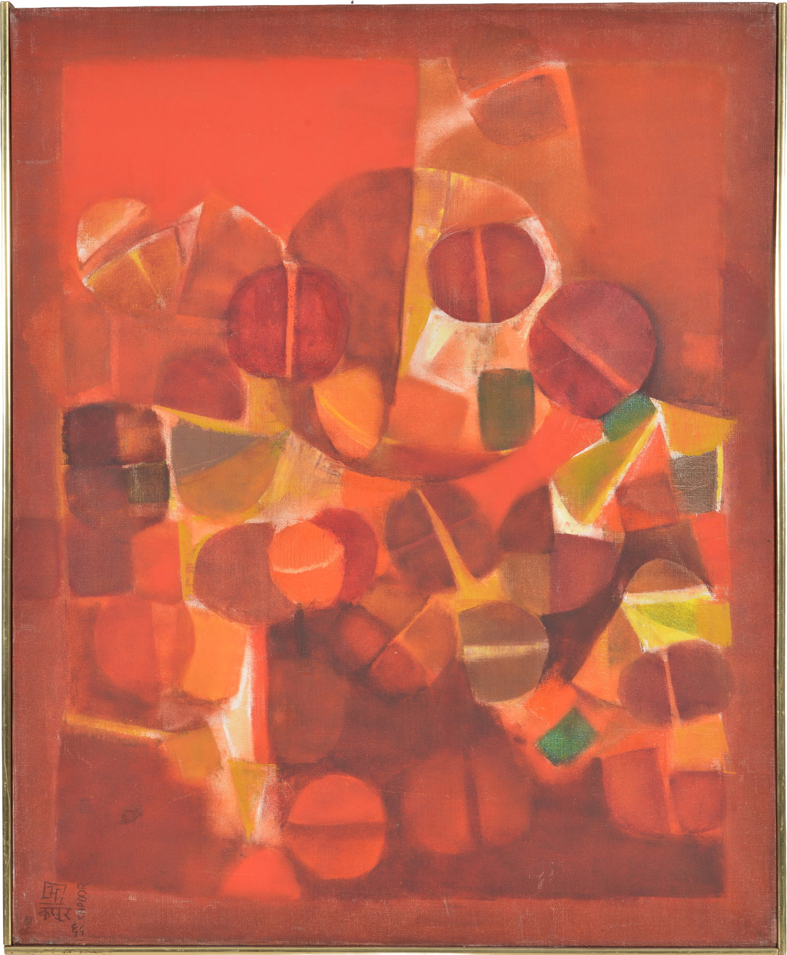 Bhagwan Kapoor. India. "Emerging Forms - Red". Vintage abstract composition of bisected spheres and: Bhagwan Kapoor. India. "Emerging Forms - Red". Vintage abstract composition of bisected spheres and other shapes in red, orange, yellow, and green tones. Oil on canvas. Signed lower left. Signed and t