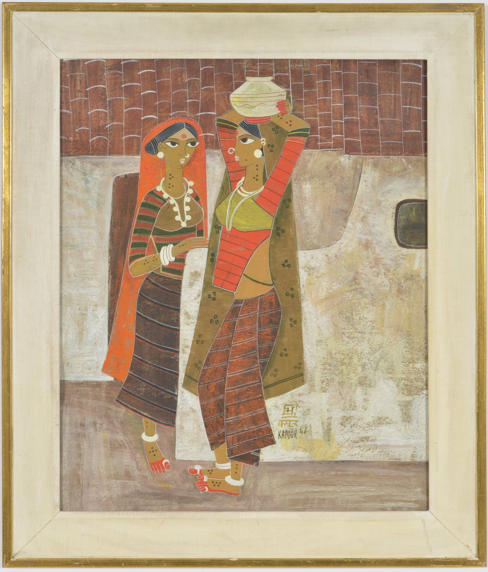 Bhagwan Kapoor. India. "Gossip". Street scene with two women stopping to talk. Mixed media: Bhagwan Kapoor. India. "Gossip". Street scene with two women stopping to talk. Mixed media watercolor and gouache. Signed lower center. Titled and inscribed on reverse. Framed under glass. Sight: 23 x