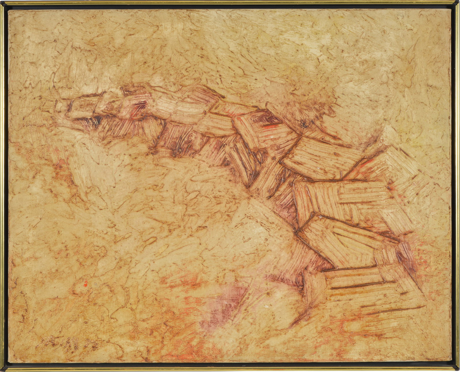Satish Joshi. India. 1975. "Landscape abstract". Oil on canvas. Inscribed signature and date lower: Satish Joshi. India. 1975. "Landscape abstract". Oil on canvas. Inscribed signature and date lower left. Signed and titled on reverse. Framed. Overall: 25.25 x 31.25in. Acquired from Gallerie Taj Cari