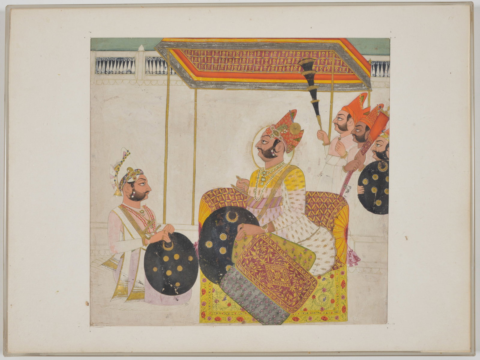 Indian painting of a maharaja holding court. Mixed media on paper. Inscription on reverse. Sight: 9: Indian painting of a maharaja holding court. Mixed media on paper. Inscription on reverse. Sight: 9 x 9.5in. Overall: 11.25 x 15.25in.
