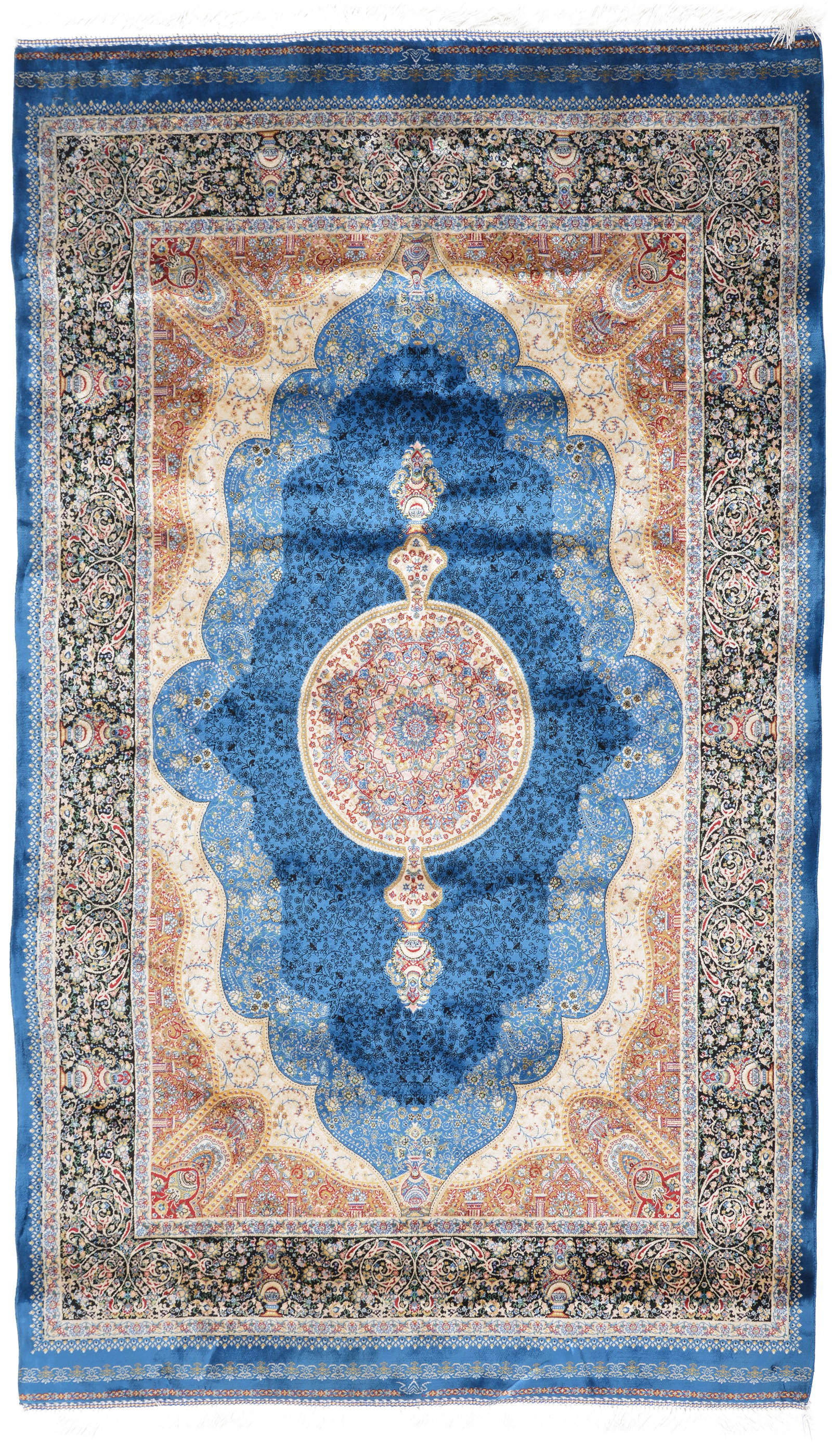 Fine Qum silk rug with blue ground and fine floral borders. 63 x 39 1/2 in: Fine Qum silk rug with blue ground and fine floral borders. 63 x 39 1/2 in