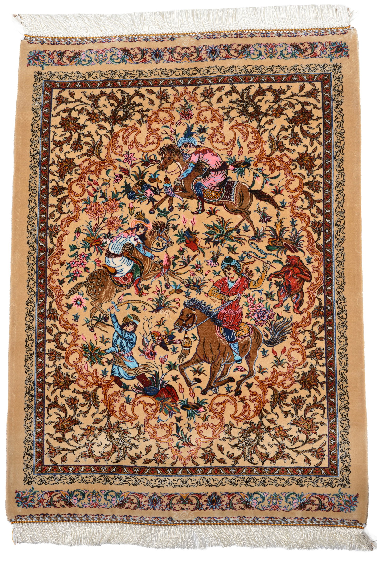 Small Qum silk hunting rug with camel hair color ground. 23 1/2 x 38 in: Small Qum silk hunting rug with camel hair color ground. 23 1/2 x 38 in