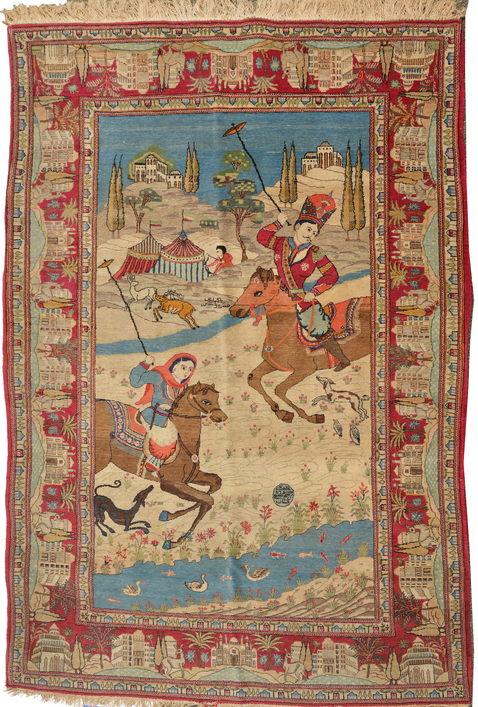 Persian wool pictorial hunting polo scene rug, circa 1925. Central field depicting a noble and (1 of 7)