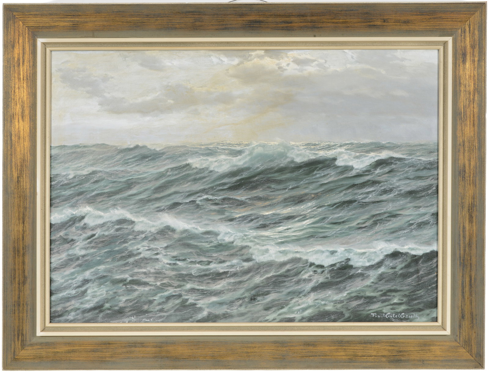 Patrick von Kalckreuth. Large seascape with crashing waves. Oil on canvas. Signed lower right. Label: Patrick von Kalckreuth. Large seascape with crashing waves. Oil on canvas. Signed lower right. Label on reverse by the artist. Framed. Small area of minor paint flakes lower left bottom edge. Sight: 2