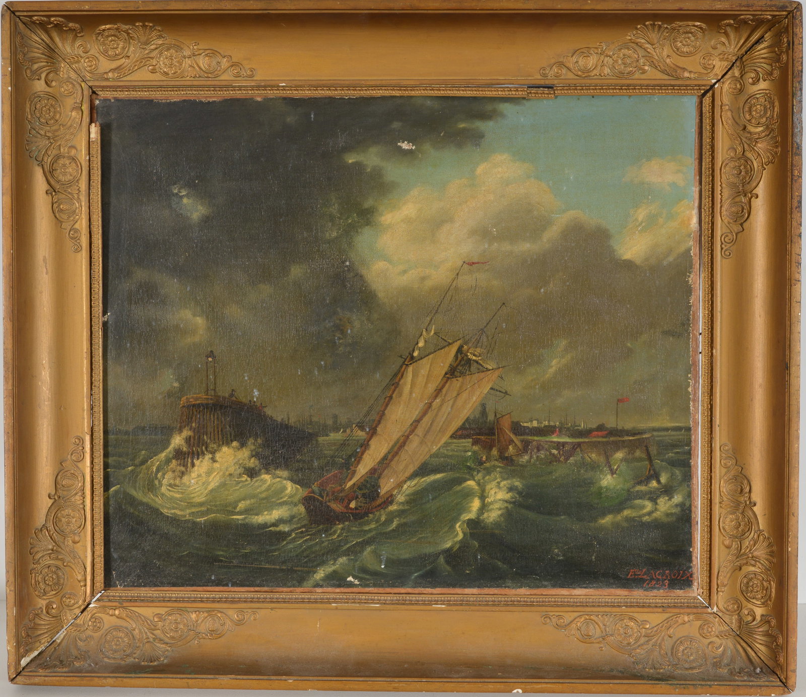 French Harbor scene, signed and dated 1823. Fishing boats in rough seas with harbor and town in: French Harbor scene, signed and dated 1823. Fishing boats in rough seas with harbor and town in background. Signed and dated lower right Eel Lacroix, 1823. Oil on canvas Framed. Scattered loss and sur