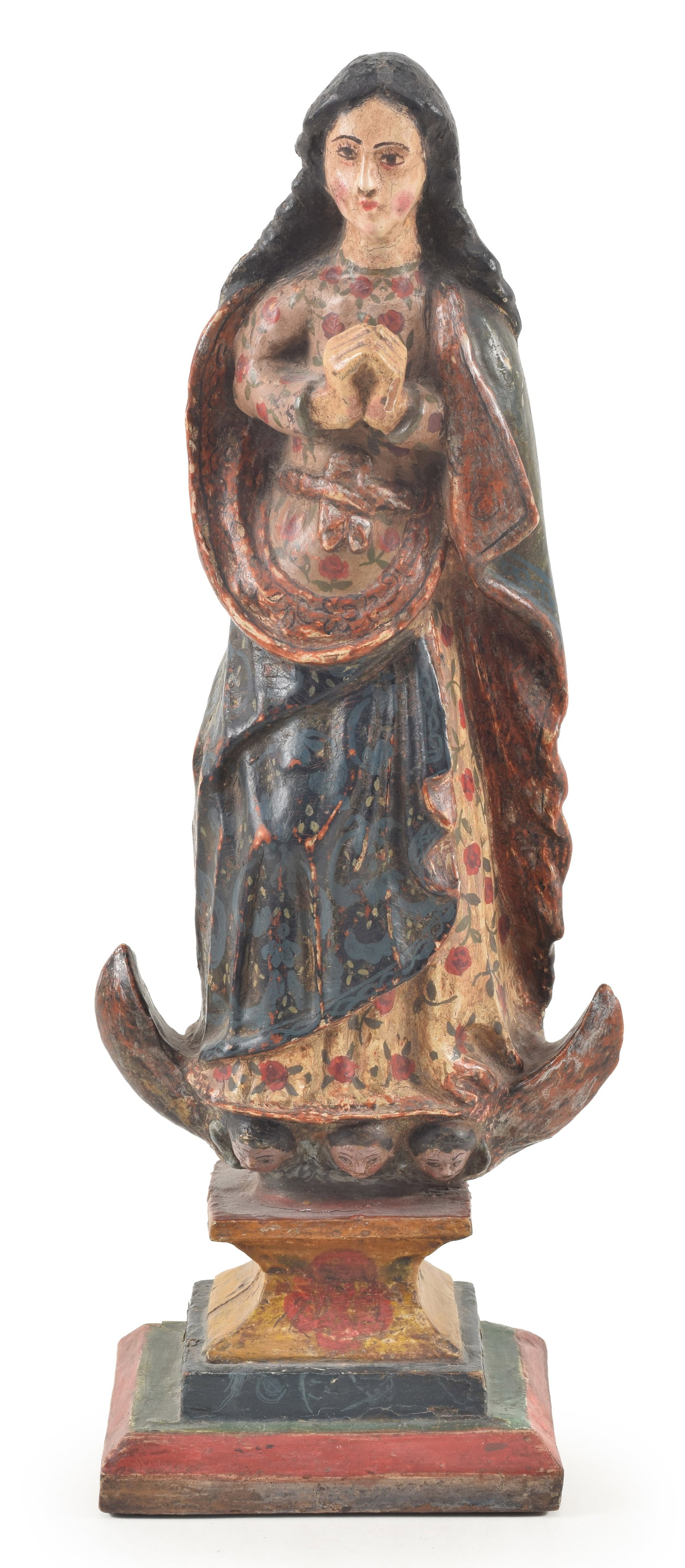 19th century polychrome gesso and wood carving of the Madonna, depicted in fine patterned garments.: 19th century polychrome gesso and wood carving of the Madonna, depicted in fine patterned garments. 15in high.