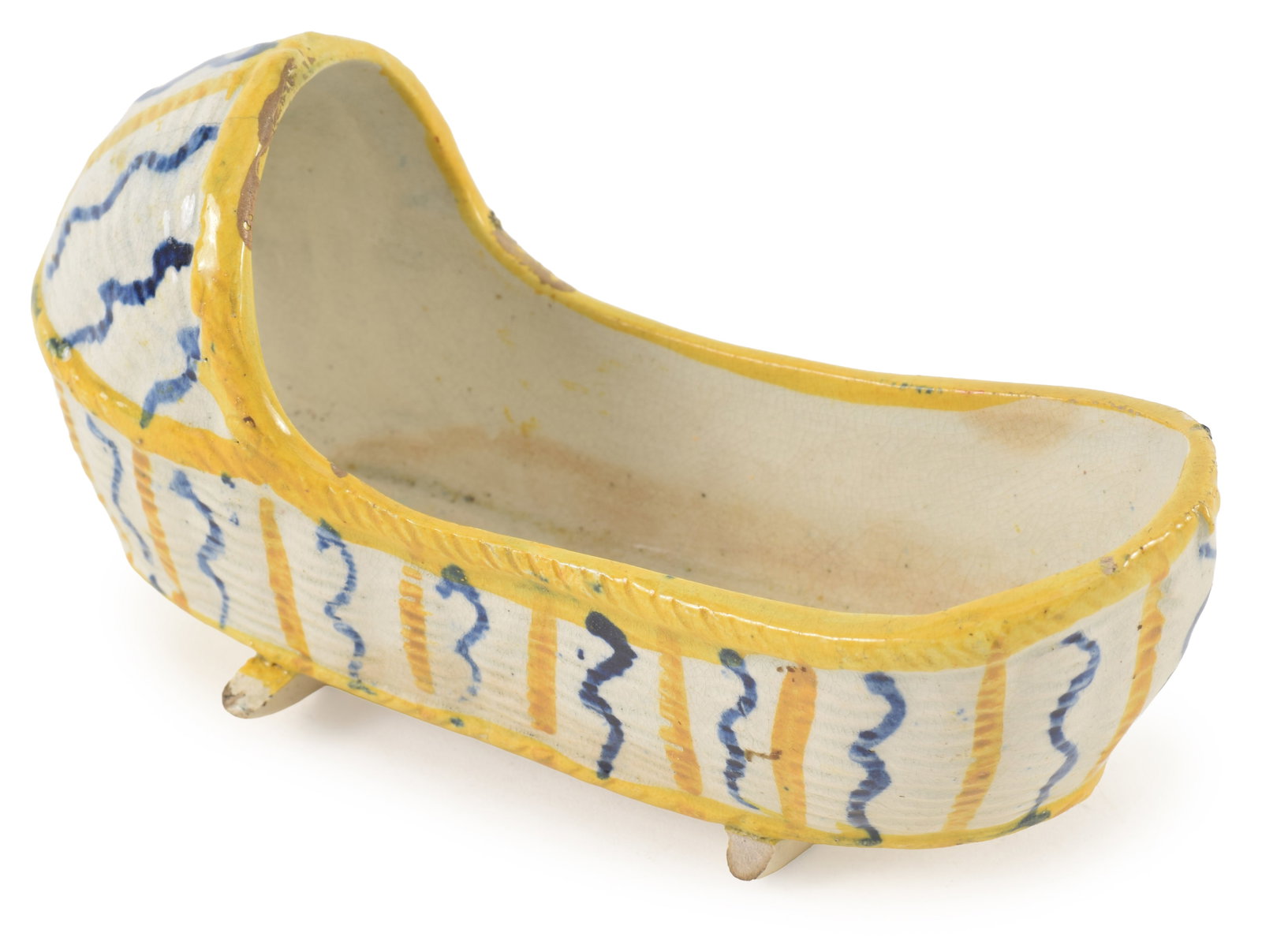 Staffordshire or Prattware basket form hooded cradle with yellow piping and blue decorations, early (1 of 5)