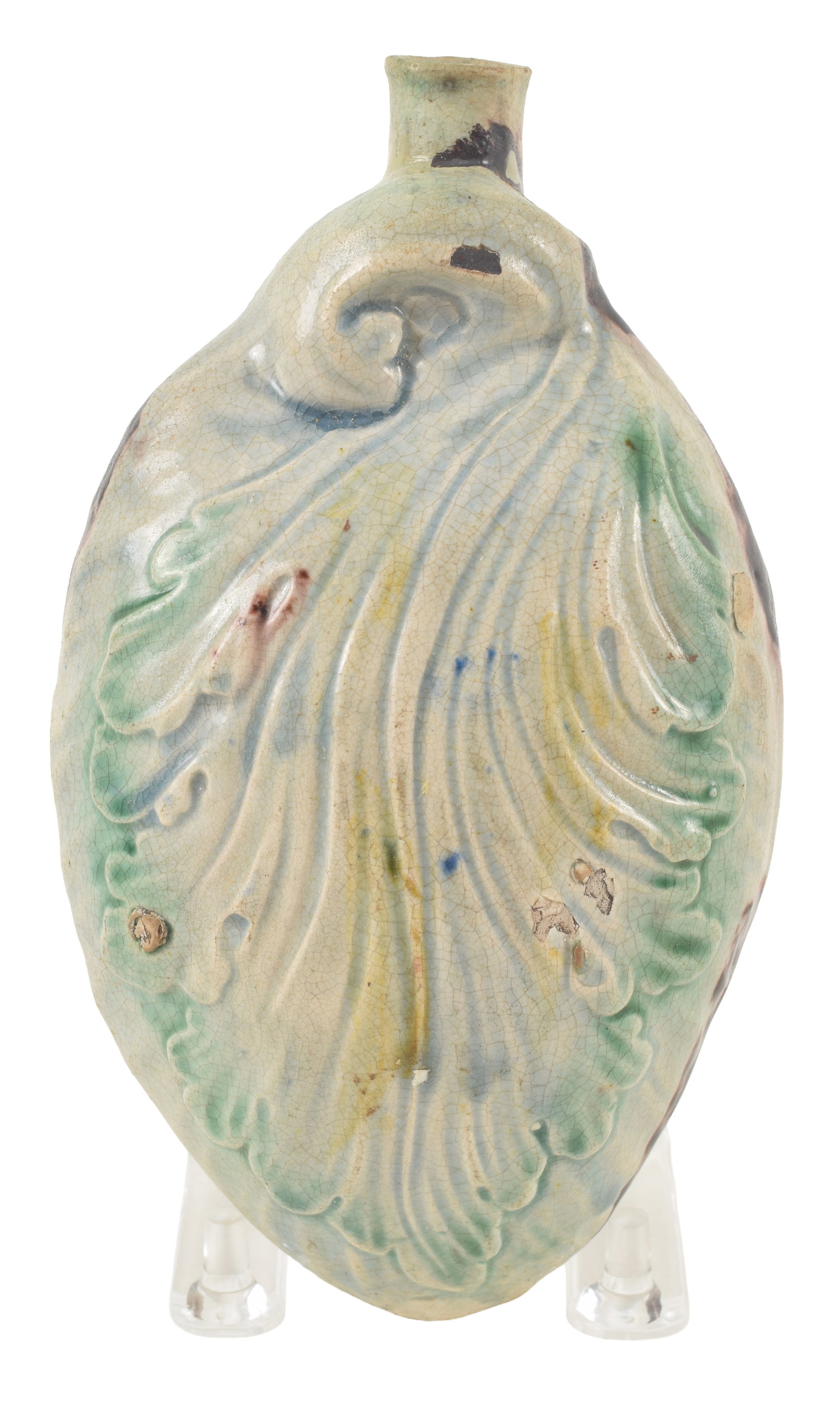 Staffordshire pottery flask with leaf decoration and mottled polychrome glaze, early 19th Century. (1 of 5)