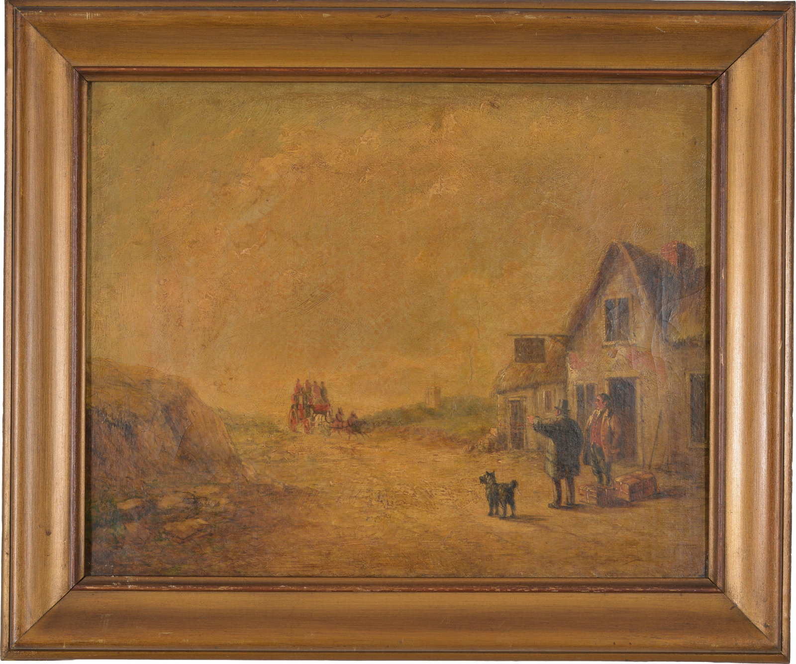 19th century British school painting of a coaching scene with figures and dog waiting on the (1 of 7)