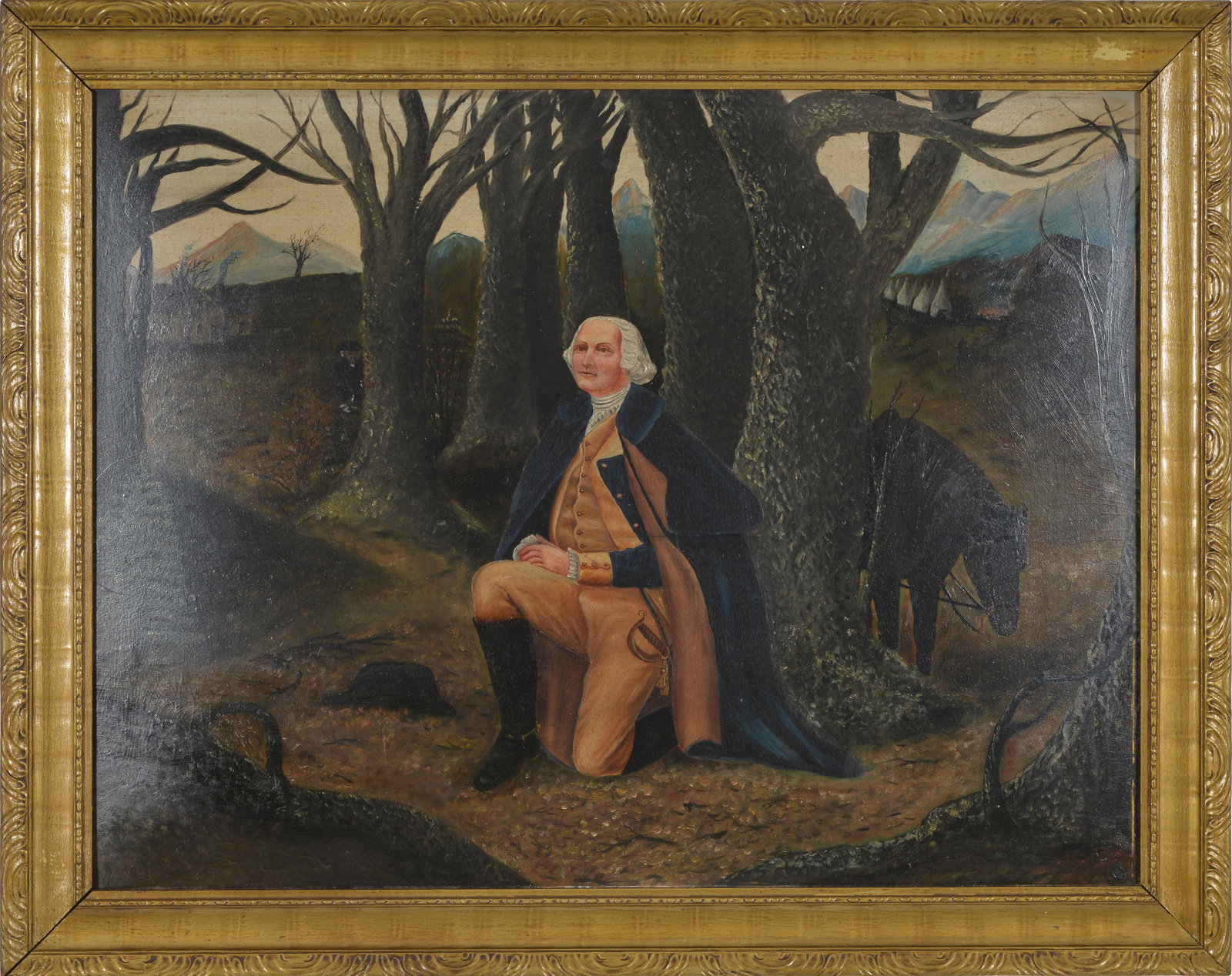 Unusual 19th/early 20th century American folk art painting of George Washington in a landscape.: Unusual 19th/early 20th century American folk art painting of George Washington in a landscape. Military encampment depicted in the upper right, with house and spying figure in the upper left. Oil on 