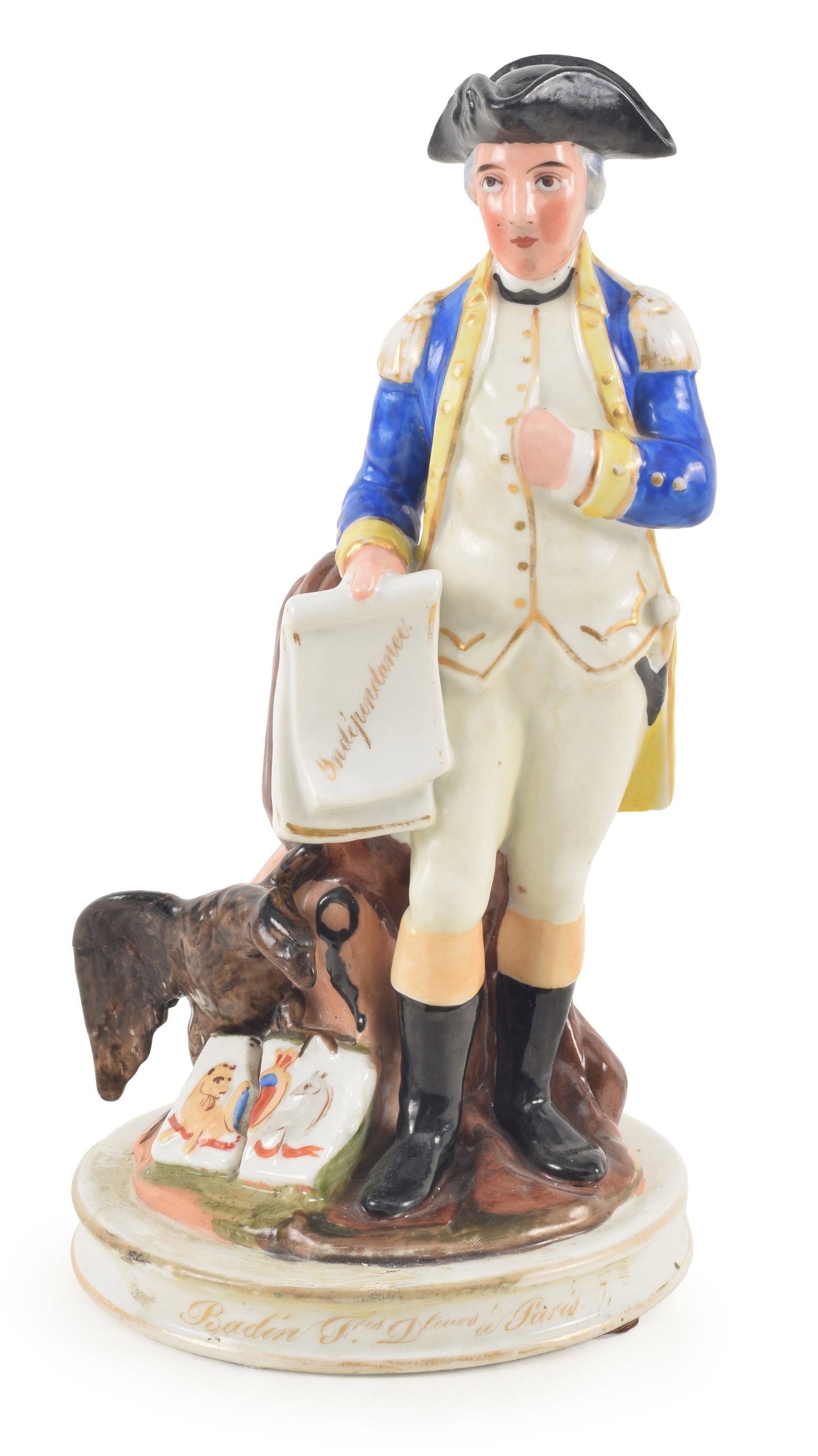 Early 19th century Paris porcelain figure of George Washington holding the Declaration of: Early 19th century Paris porcelain figure of George Washington holding the Declaration of Independence standing by American eagle and shield. Titled around base: Badin frese de teurs Paris. Repair alo
