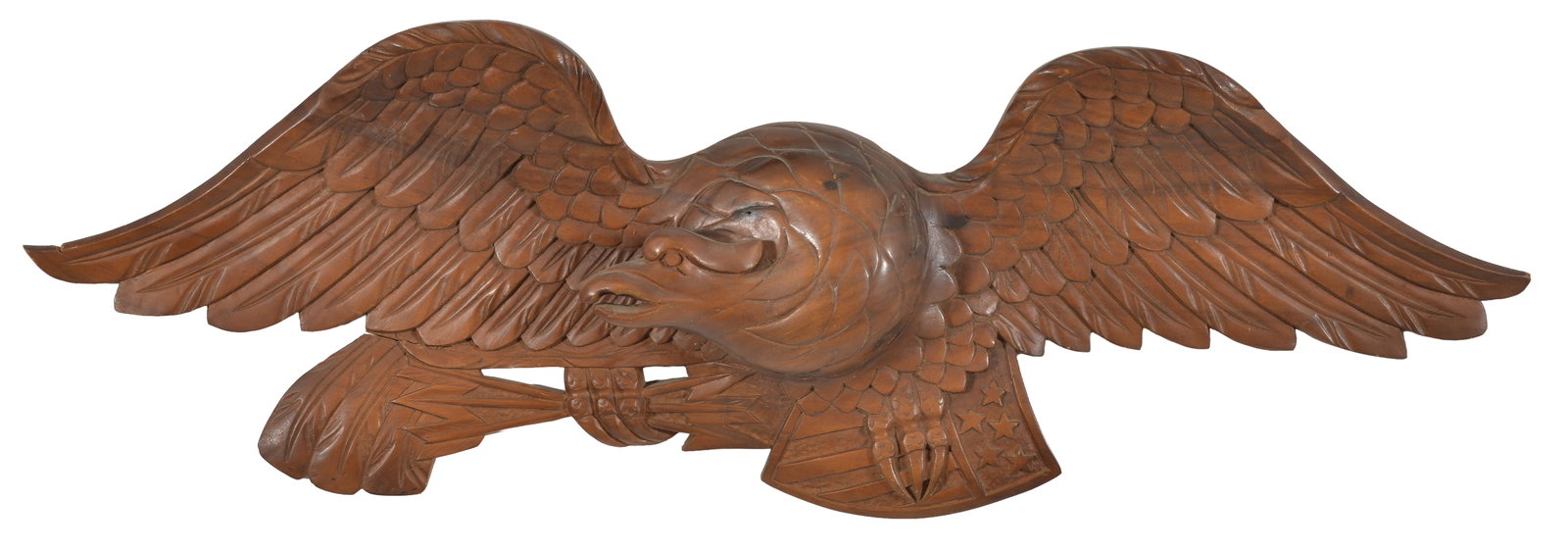 Folk carved spread-wing American eagle with shield and arrows in tallons. Width 45 in, height 14 in (1 of 5)
