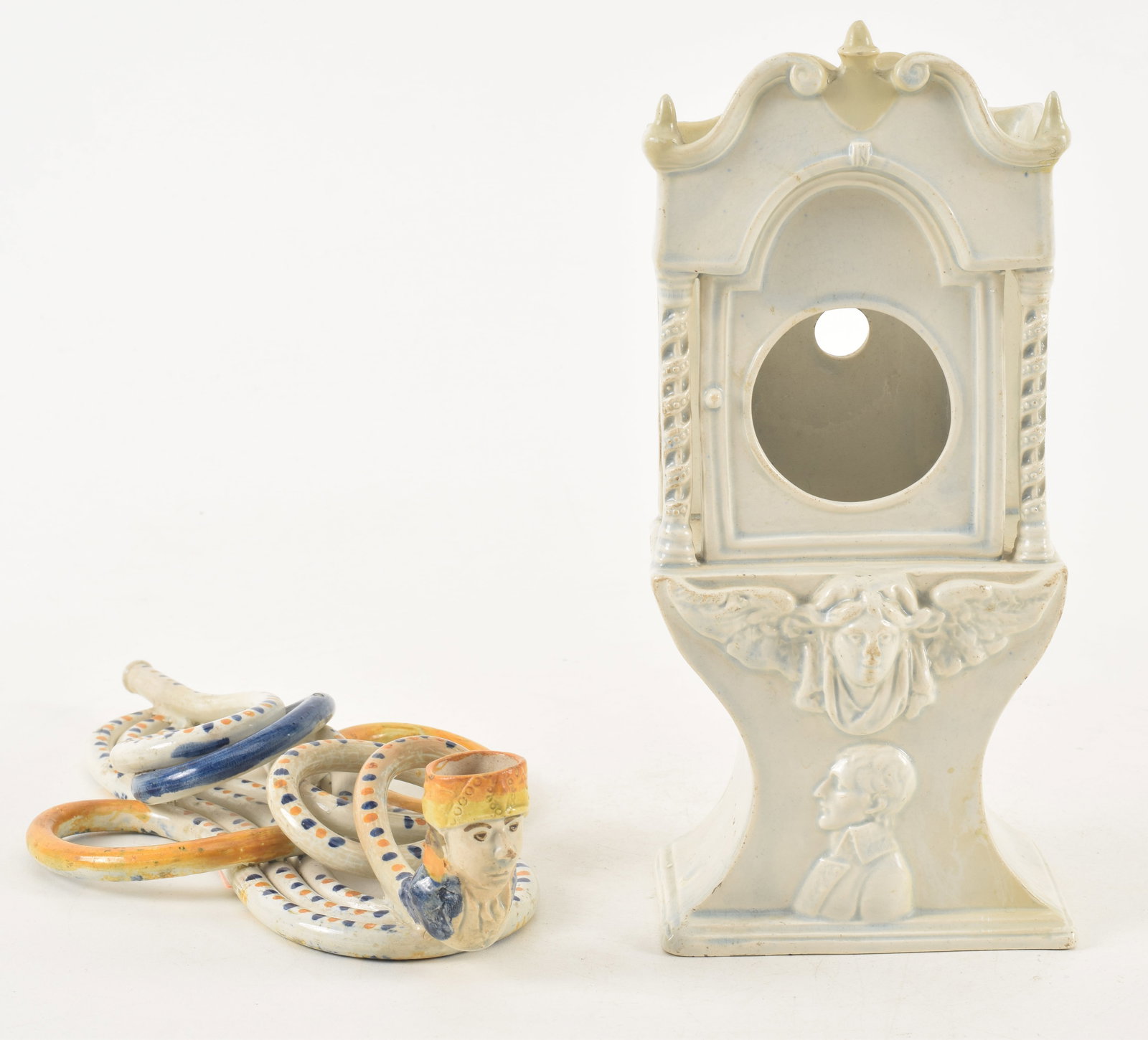 2 pieces of pearlware. To include: 1) Intricate coiled snake form pearlware pipe with figural head (1 of 12)