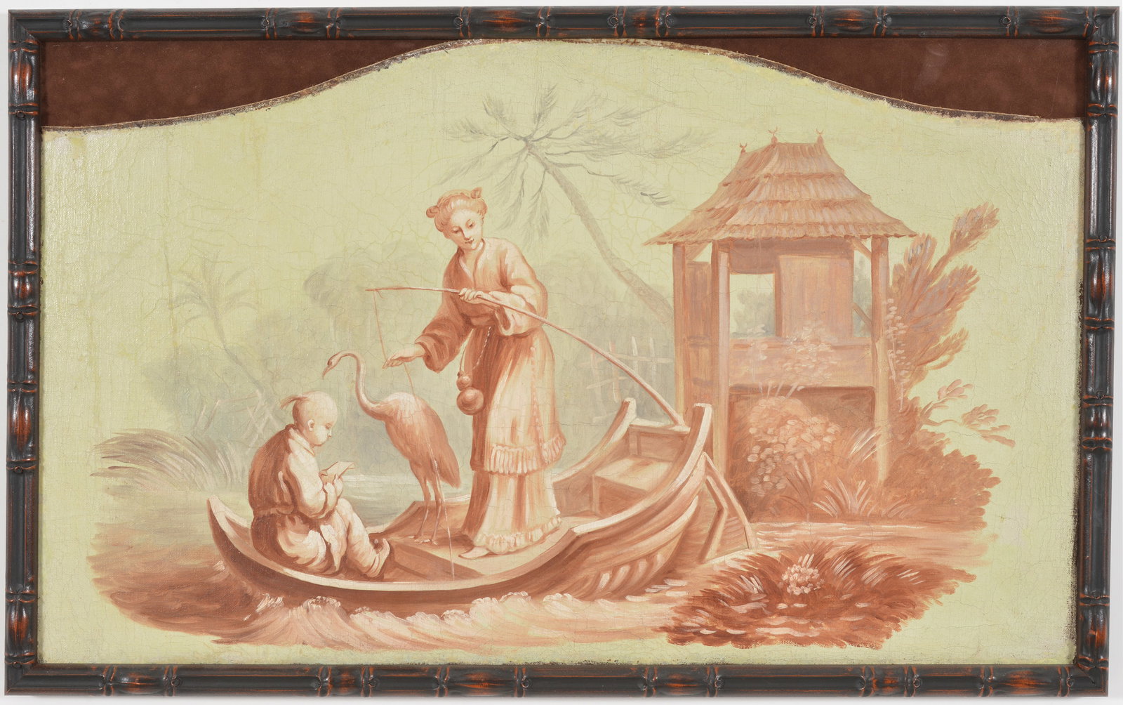18th/19th century Chinoiserie figural landscape painting fragment. Oil on canvas laid on board.: 18th/19th century Chinoiserie figural landscape painting fragment. Oil on canvas laid on board. Framed. Overall: 20 x 33in.