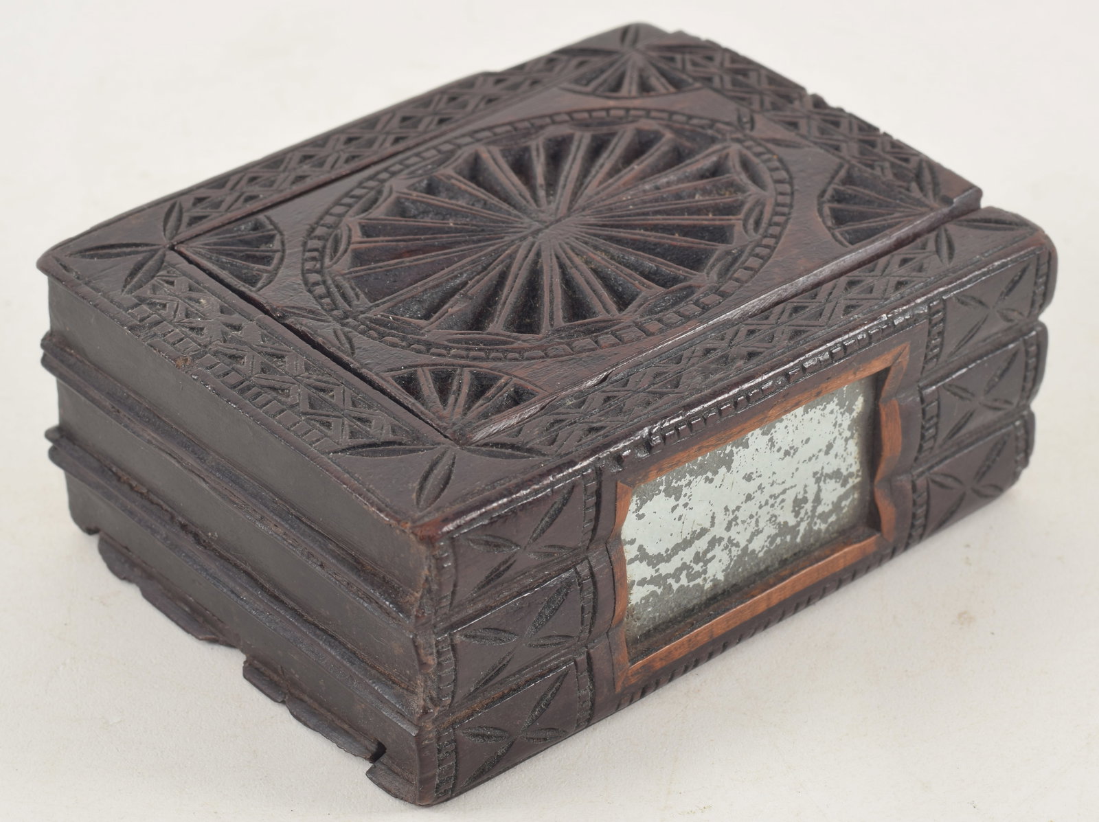 18th Century chip carved book form mirror box with two sliding panels concealing a mirror and a (1 of 4)