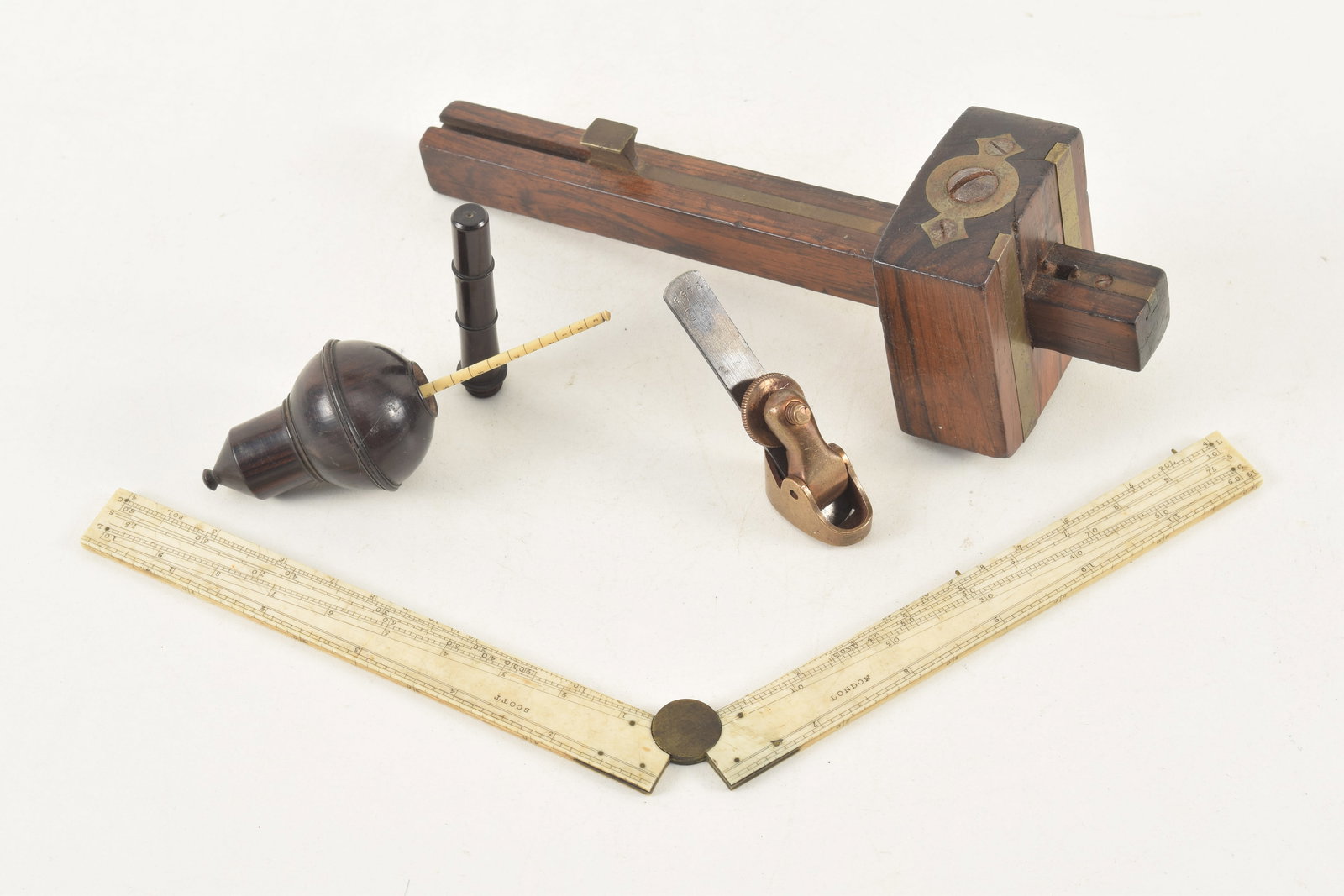 4 Fine 19th Century tools, including a violin plane, a London sector, a turned hydrometer and lignum (1 of 9)