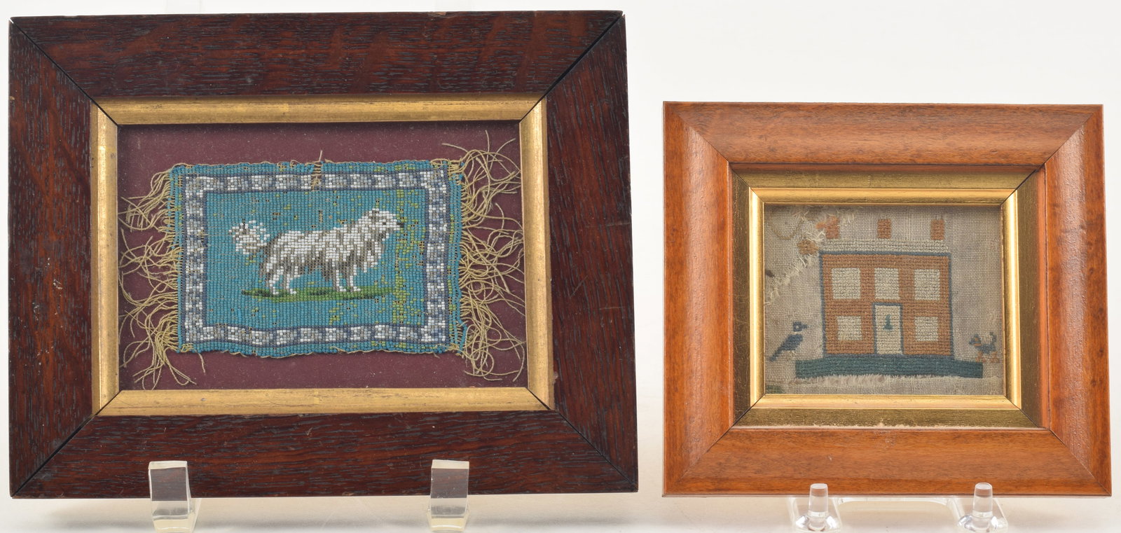 2 Miniature beaded framed needle works, including a Victorian rug depicting a dog and an early 19th (1 of 4)