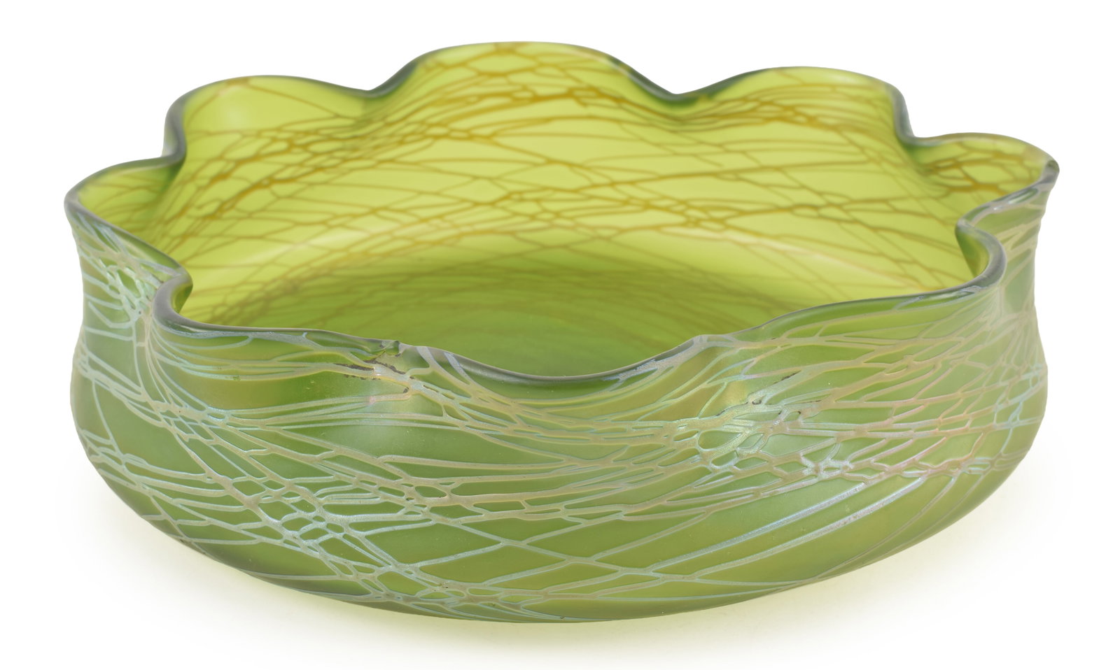 Loetz type art glass open bowl with green glass and iridescent overlay. Unsigned, small chip to (1 of 5)