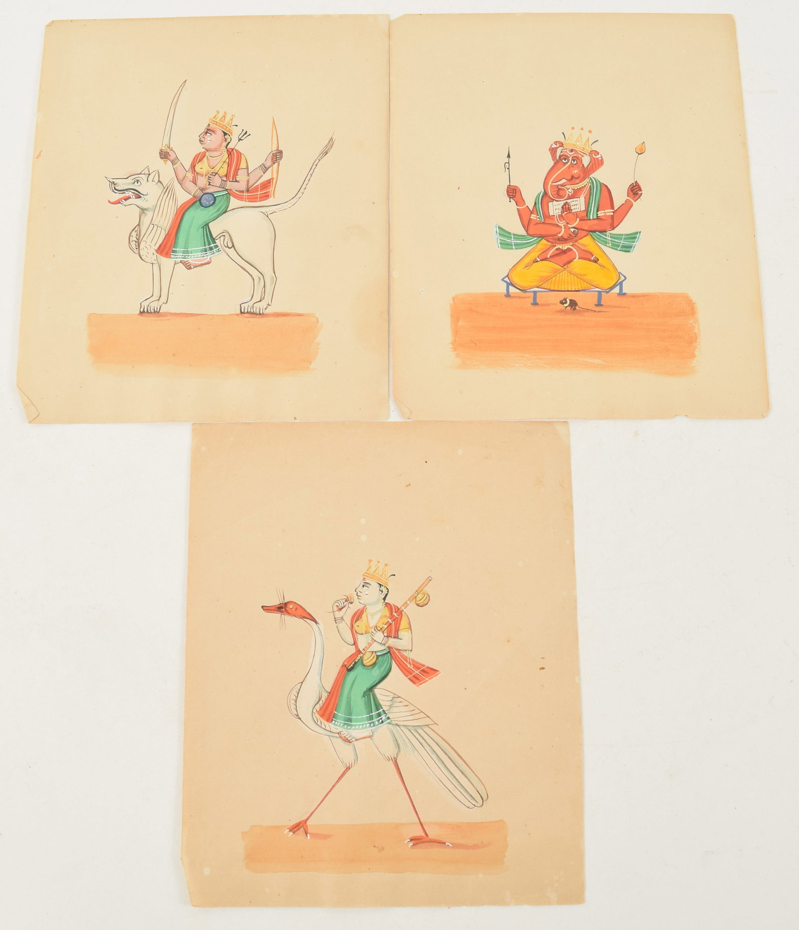 3 19th century Indian school miniature paintings of Hindu gods. Sheet sizes: 8.25 x 6.75in. Note: 3 19th century Indian school miniature paintings of Hindu gods. Sheet sizes: 8.25 x 6.75in. Note accompanying the paintings states: "Acquired by Percy Stickney Grant in India while secretary to Bishop