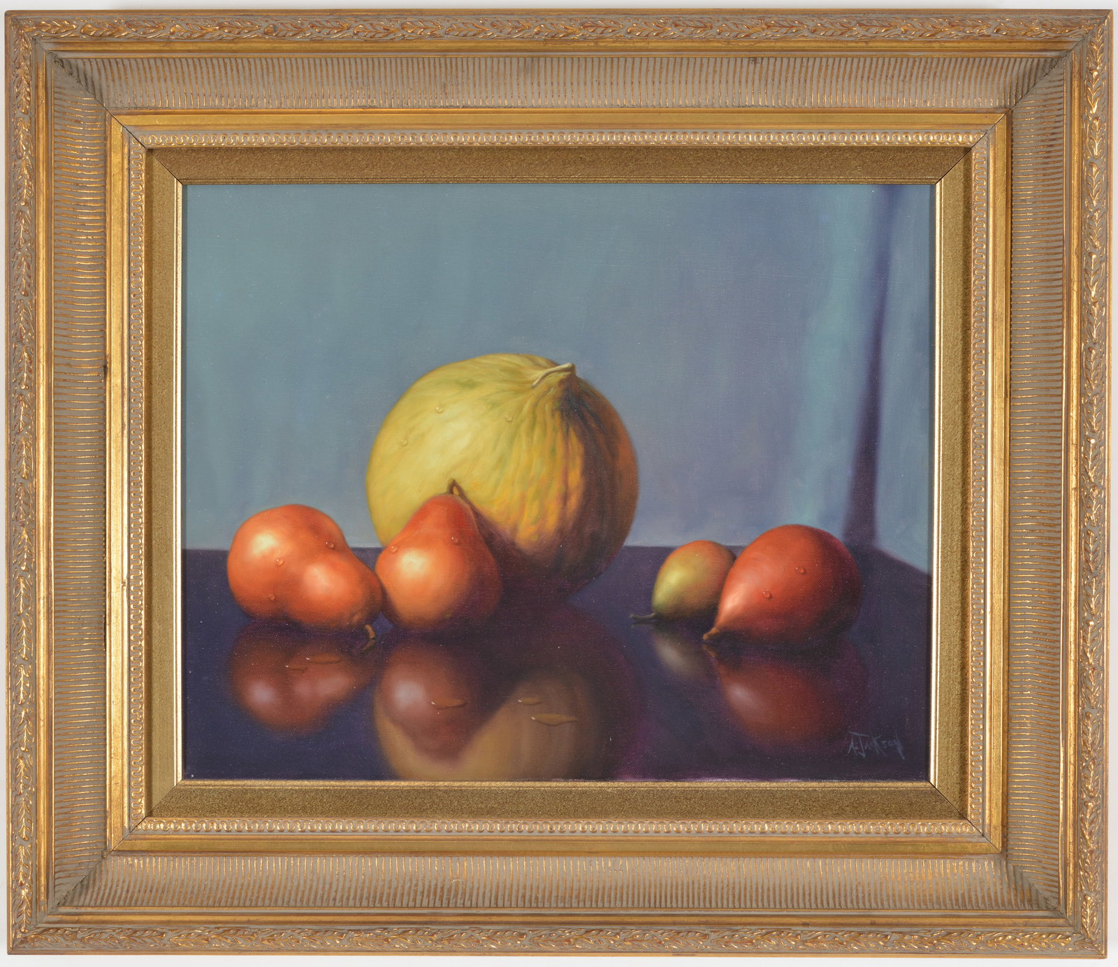 Al Alfred Jackson, Chicago 20th Century. Table top still life with pears and squash. Oil on canvas.: Al Alfred Jackson, Chicago 20th Century. Table top still life with pears and squash. Oil on canvas. Signed lower right . Framed. Image size 16 x 20 in, overall size 24 x 28 in.