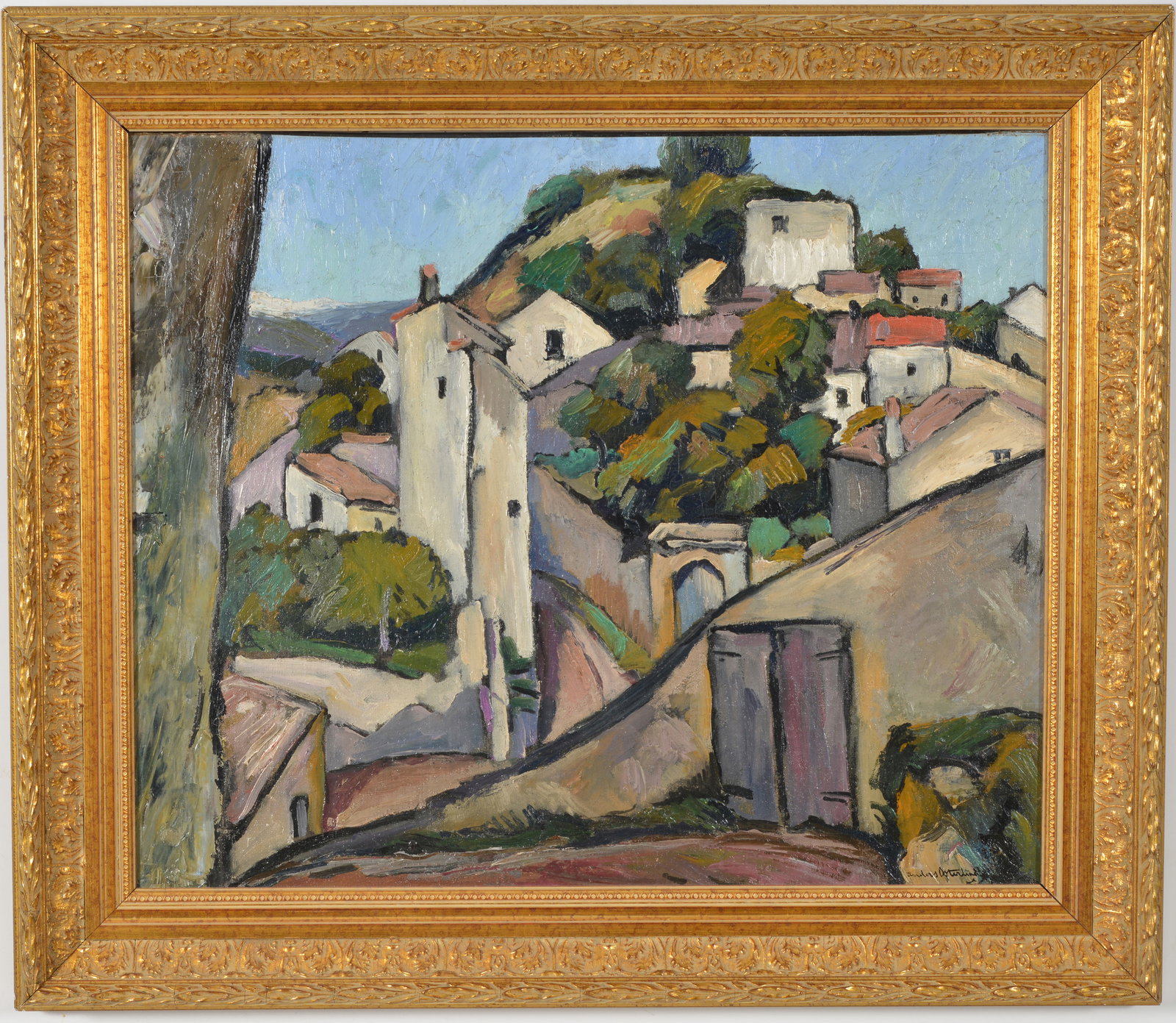 Anders Osterlind. Large post-impressionist hillside town landscape, mid 20th century. Oil on canvas.: Anders Osterlind. Large post-impressionist hillside town landscape, mid 20th century. Oil on canvas. Framed. Signed lower right. Relined. Restretched. Sight: 23 x 28in. Overall: 30 x 34.5in.