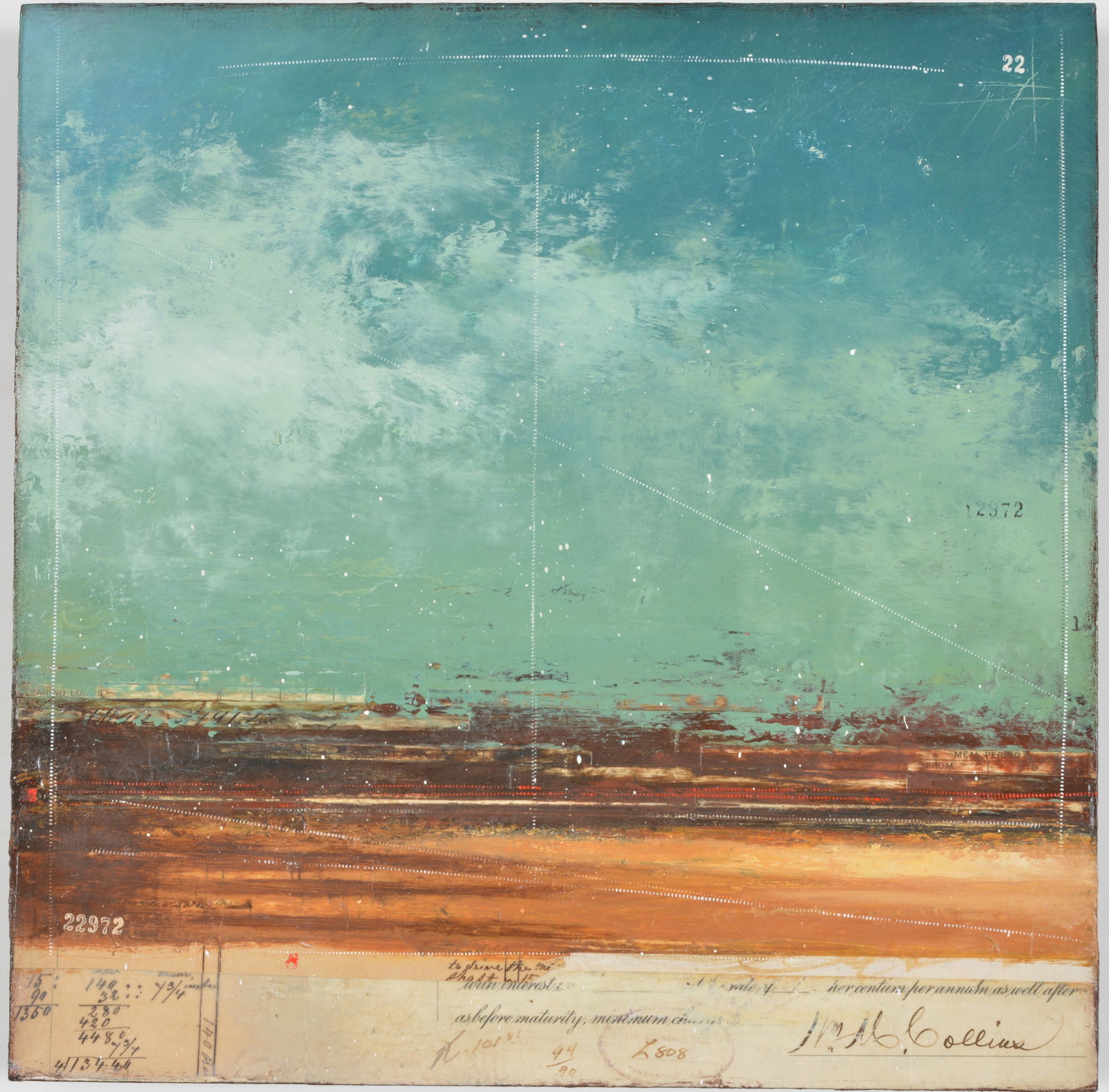 Kathryn Frund. "Restitution III". 2006. Abstract landscape with collage. Mixed media on wood.: Kathryn Frund. "Restitution III". 2006. Abstract landscape with collage. Mixed media on wood. Painted as a hanging unit with numbered sides. 11 5/8 x 11 5/8in.