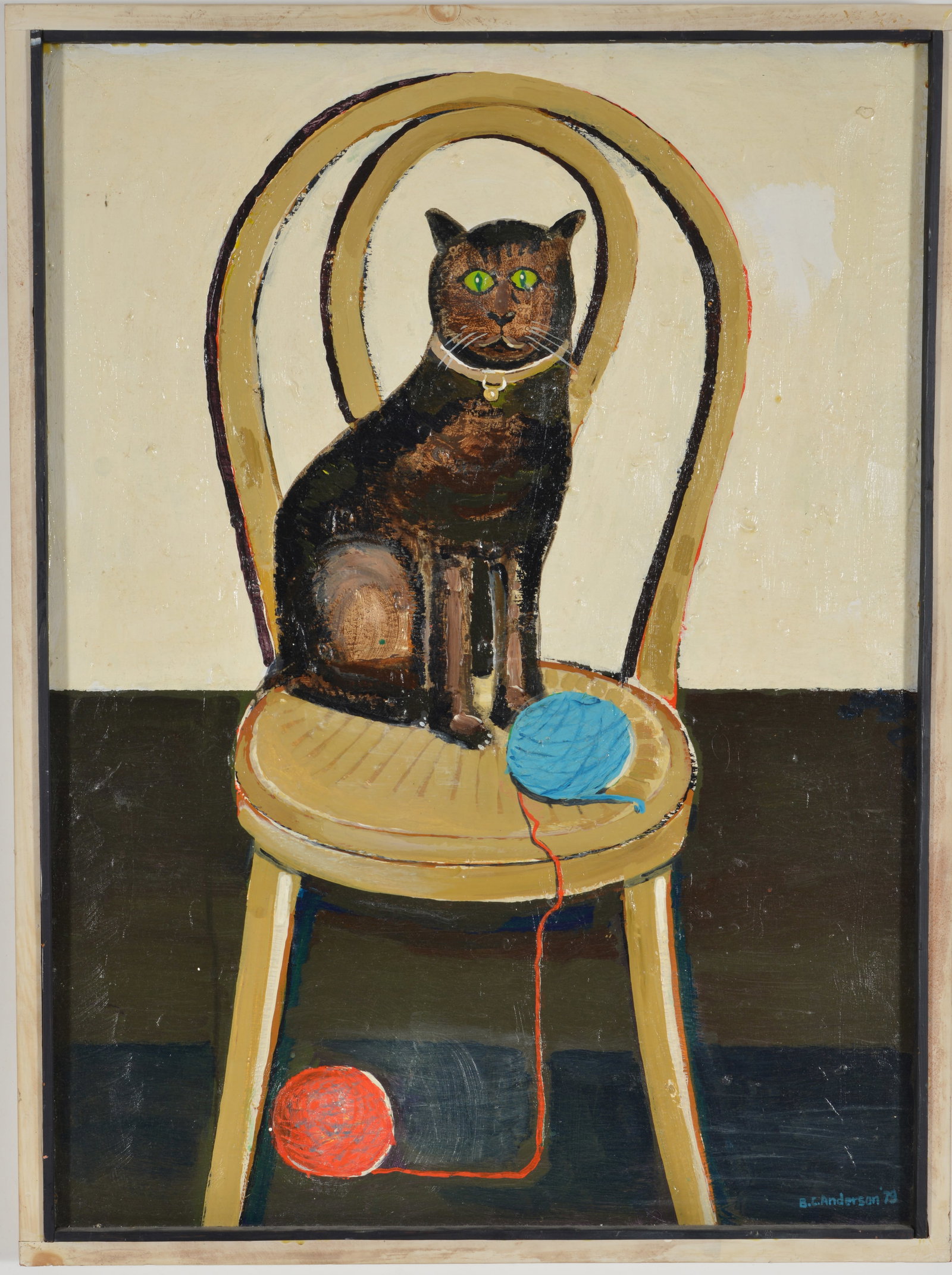 Bruce Anderson. American. 1979. Folk art scene of a cat seated on a chair with yarn balls. Signed: Bruce Anderson. American. 1979. Folk art scene of a cat seated on a chair with yarn balls. Signed and dated lower right. Oil on board. Framed. Overall: 38.5 x 29in.