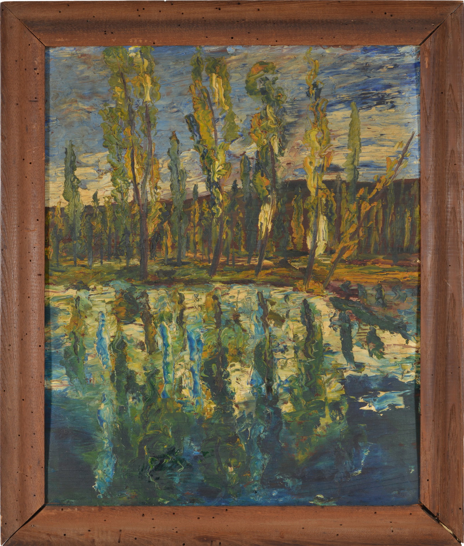 Impressionist landscape with trees reflecting in the water. Mid 20th century. Oil on board. Framed.: Impressionist landscape with trees reflecting in the water. Mid 20th century. Oil on board. Framed. Inscribed "Xochimieco" on reverse. Overall: 30 x 25in.
