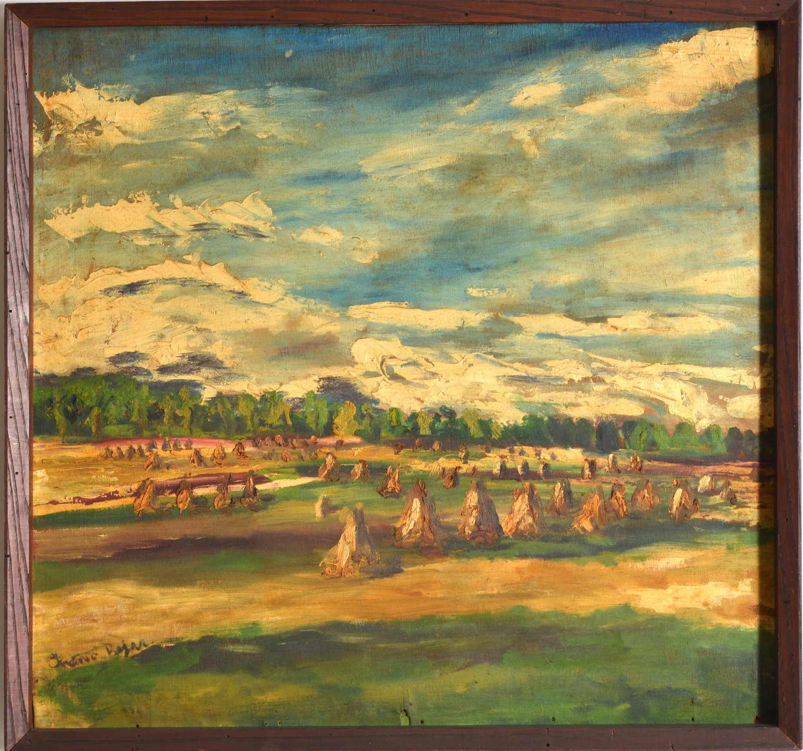 Continental school impressionist landscape with haystacks. Oil on board. Signed illegibly lower (1 of 9)