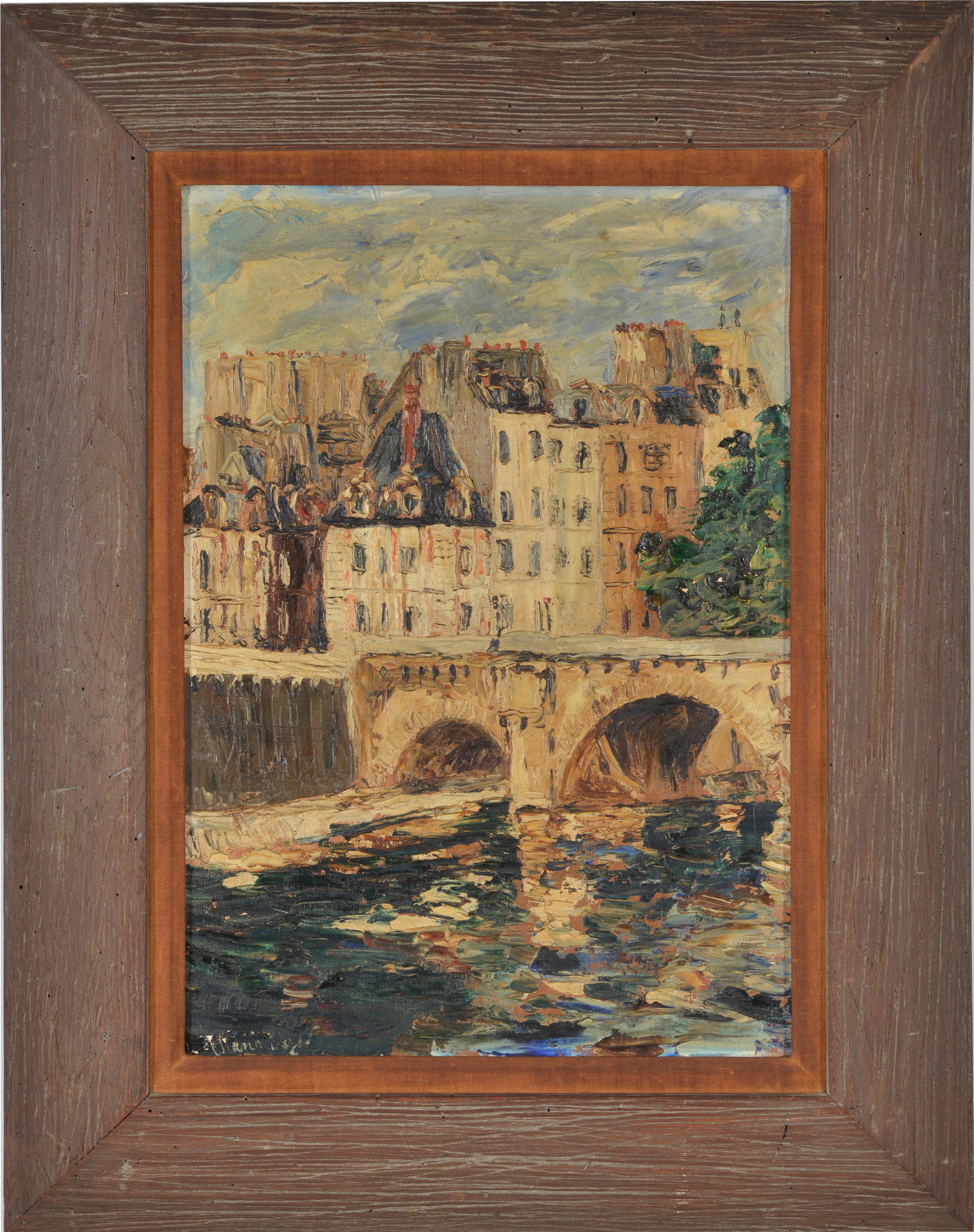 Continental school impressionist townscape with bridge and river. Oil on canvas. Signed illegibly: Continental school impressionist townscape with bridge and river. Oil on canvas. Signed illegibly lower left. Framed. Several small areas of paint flaking center right and lower left near signature. S