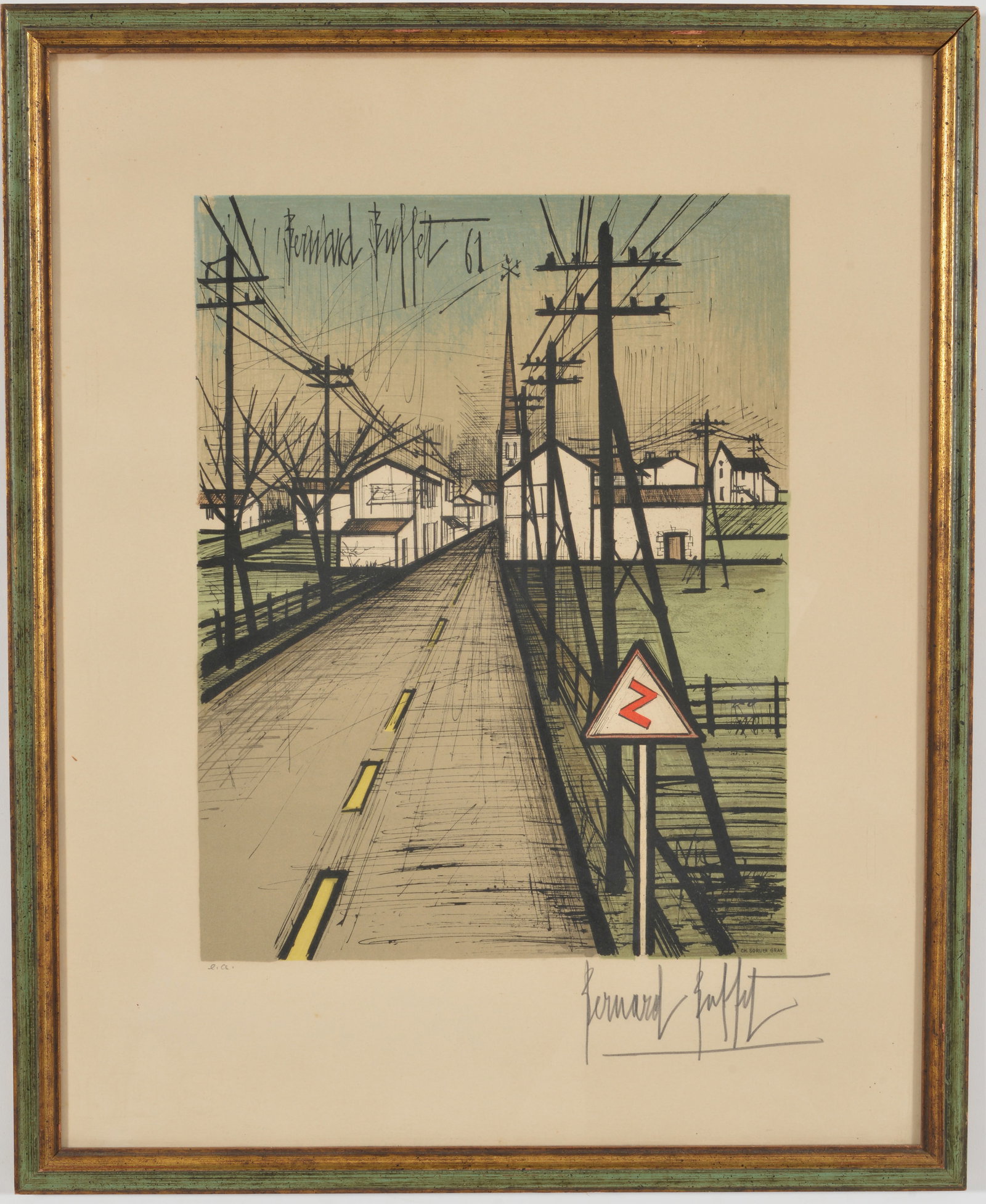 Bernard Buffet, French 20th Century. Color lithograph, "The Road" signed and dated in plate 1961 and: Bernard Buffet, French 20th Century. Color lithograph, "The Road" signed and dated in plate 1961 and signed in pencil lower right. Framed. Image size 13 3/4 x 11 in, overall 21 1/2 x 17 1/2 in.