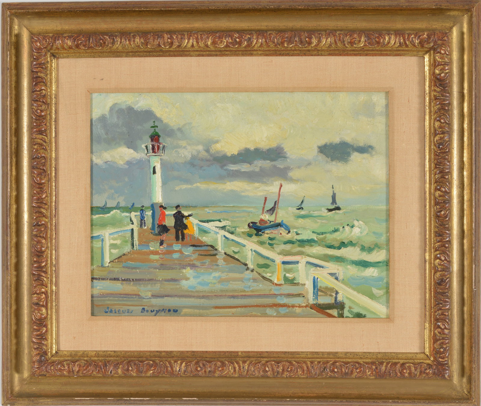 Jacques Bouyssou, 1967. French 20th Century. Seaside view, figures on a pier with boats and: Jacques Bouyssou, 1967. French 20th Century. Seaside view, figures on a pier with boats and lighthouse. Oil on canvas. Signed lower left. Titled and dated on reverse, Deauville, Mars, 1967. Framed. Im