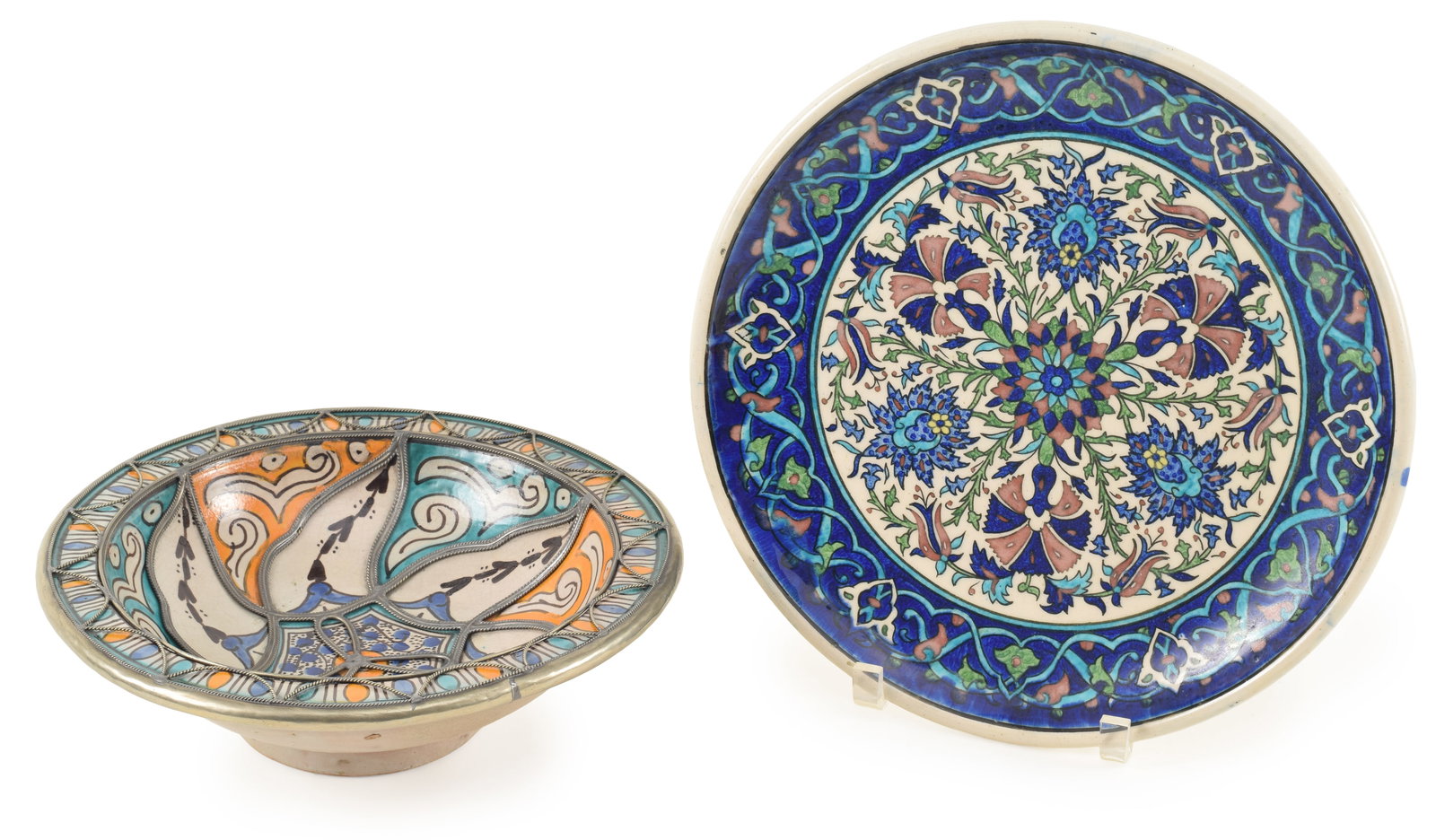 North African glazed earthenware items. 1) Bowl with ornamental metal overlay, first half 20th (1 of 7)