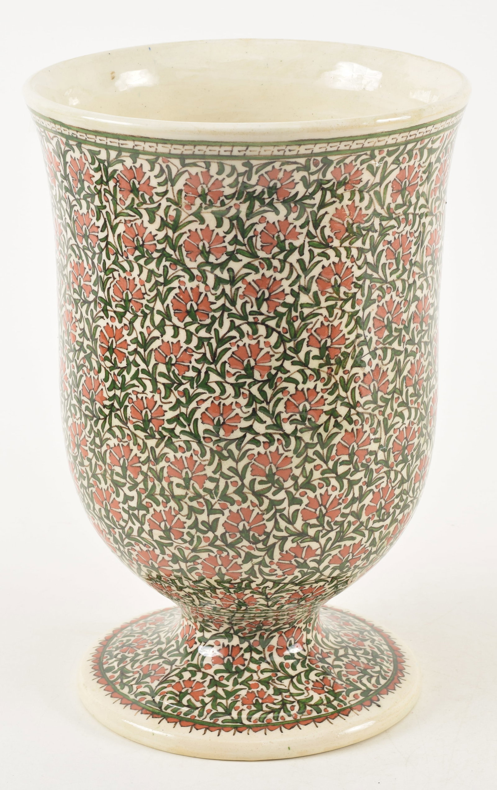 North African earthenware footed vase, first half 20th century. Intricate stylized floral underglaze (1 of 6)