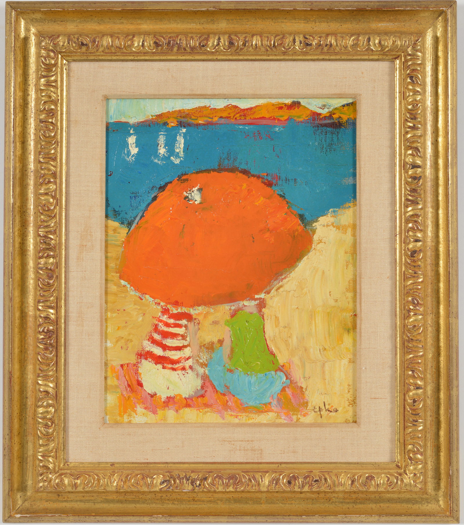 Willering Epko. French 20th Century. Beach scene with umbrella. Oil on canvas. Signed lower right.: Willering Epko. French 20th Century. Beach scene with umbrella. Oil on canvas. Signed lower right. Gallery stramps on reverse. Framed. Image size 13 3/4 x 10 3/4 in, overall size 21 1/2 x 18 in.